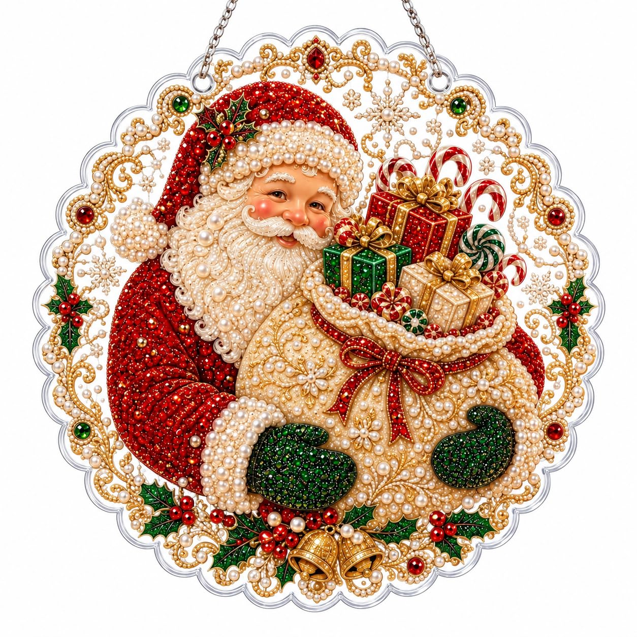 Christmas Diamond Art Kits for Adults, DIY Pearl Art Kit Craft Hanging 3D Diamond Painting Art, Acrylic Round Lace with Metal Chain, Holiday for Window, Wall, Tree and Gift Decor (Style-A, 12Inch)