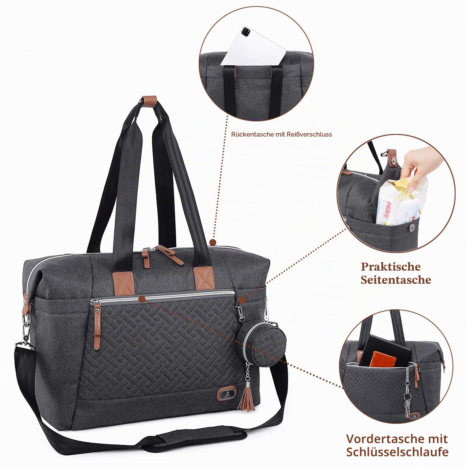 Dikaslon Wickeltasche mit Schnullertasche und Wickelunterlage, Große Reisewindeltasche für Mama und Papa, Multifunktions-Babytasche für Jungen und Mädchen (Dunkelgrau)