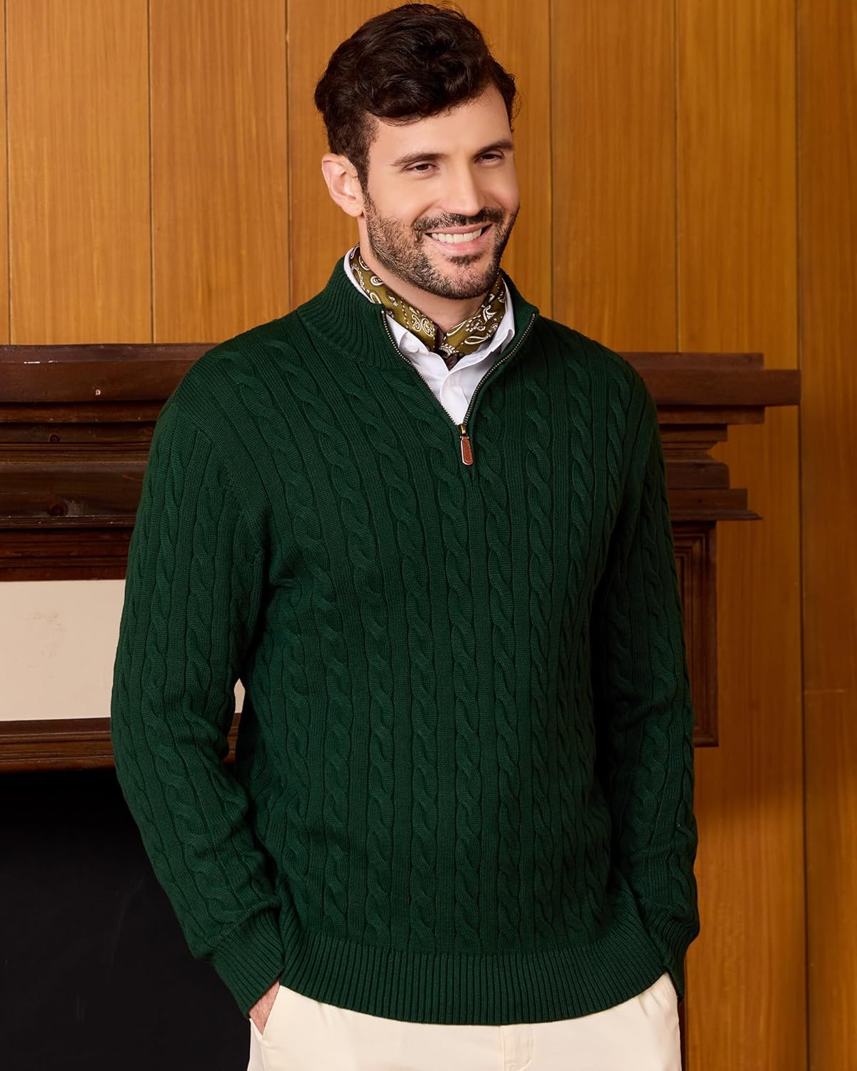 Kallspin Men's Quarter Zip Sweater Pullover Pure Cotton Cable Knit Long Sleeve Business Casual Knitwear - Image 2