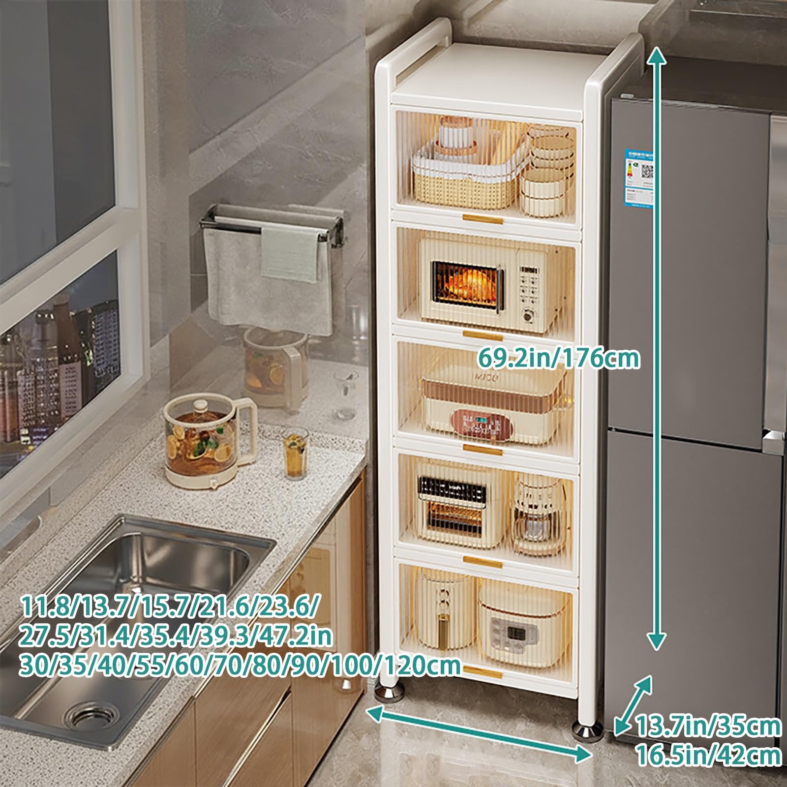 Carrito de almacenamiento delgado con puertas abatibles, estante de acero al carbono transparente para cocina, sala de estar y comedor (blanco, 27.5 x 16.5 x 69.2 pulgadas)