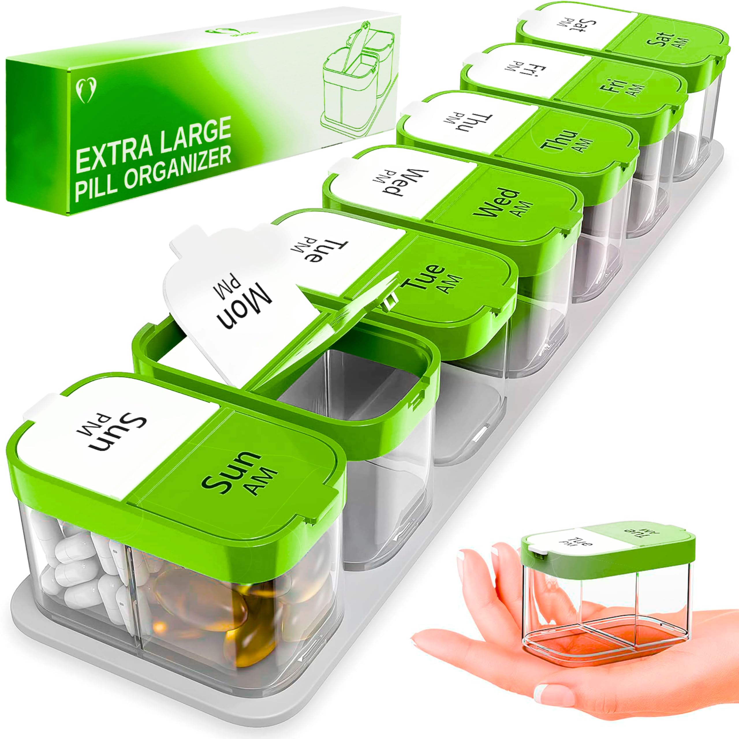 Extra Large Weekly Pill Organizer - XL Vitamin Holder with 7 Detachable AM PM Compartments - Portable Medicine Dispenser for Home and Travel, Big Supplement Container for Weekly or Daily Use, Green
