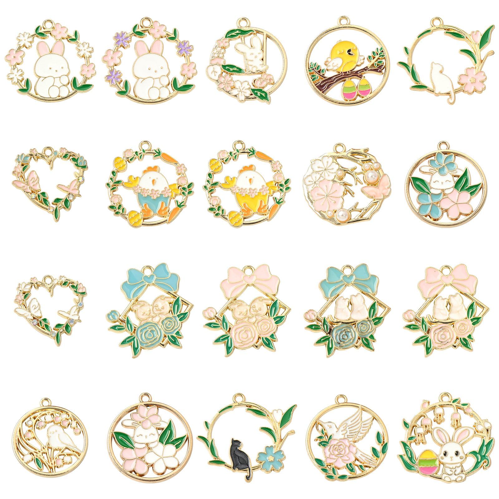 Stiesy 40Pcs 20 Styles Enamel Rabbit Charms with Wreath Flower Charm Pendant Cute Animal Bracelet Charms for Jewellery Making Crafting DIY Necklace Earring Presents
