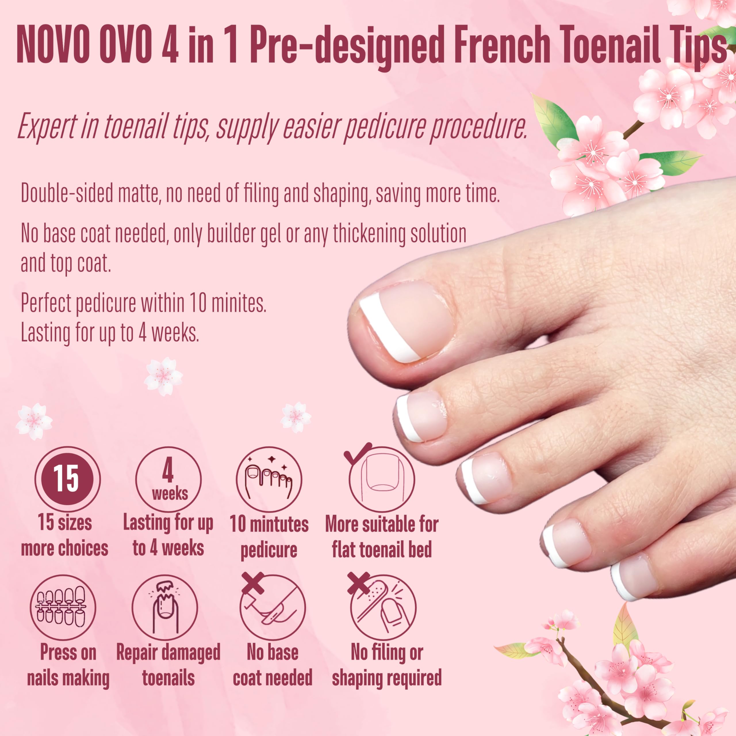 NOVO OVO Fake Toe Nail Tips Press on, French Tip Soft Gel Toenail Extension - Image 3