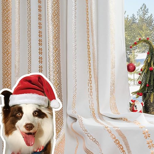 Miniatura 1 de jinchan- Cortinas 100% blackout de 63 pulg de largo pdormitorio, estampado geométrico dorado sobre blanco crudo, ctrabillas traseras, oscurecim. de