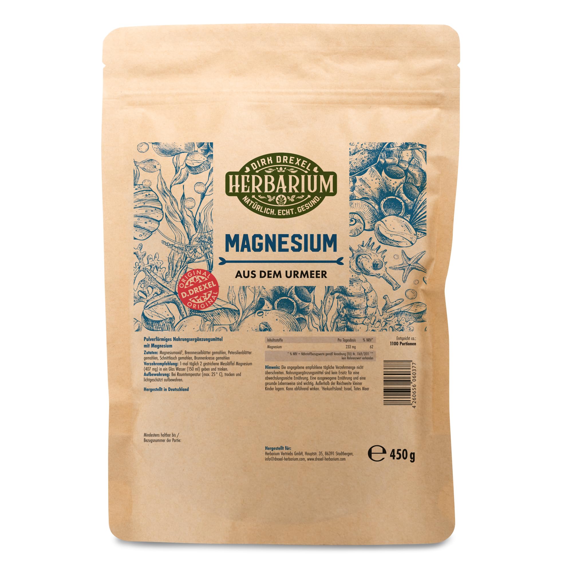 Herbarium Magnesium Urmeer – 450 g Pulver aus natürlichem Meerwassermagnesium mit Brennnessel, Petersilie, Schnittlauch & Brunnenkresse | Vegan & ohne Zusatzstoffe