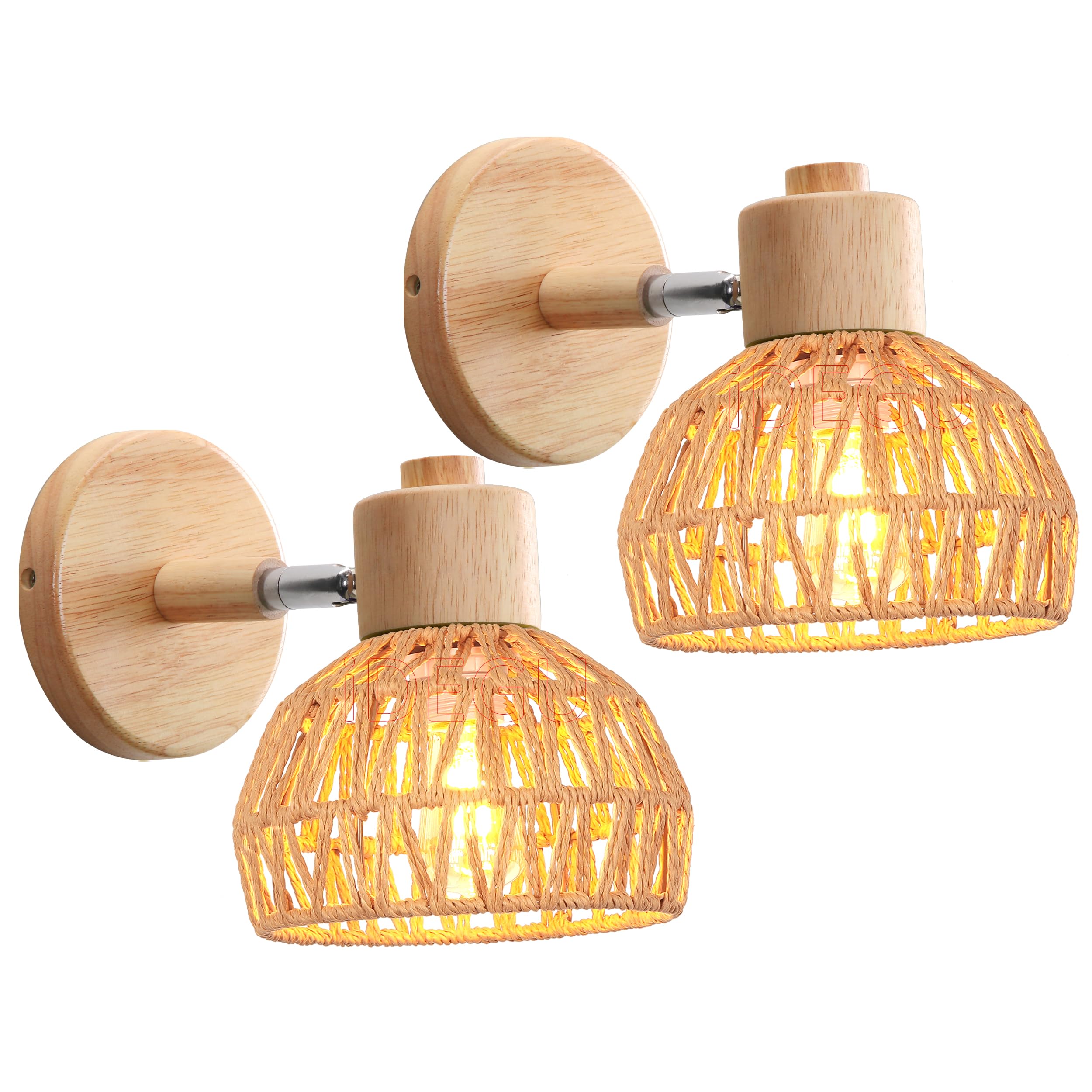 iDEGU 2 Piezas Apliques pared interior, Lámparas de Pared para Dormitorio E27 Iluminación Simple Luz de Pared en Madera Ratán Aplique Regulable para Pasillo Salon Café (15cm, Ratán Marrón)