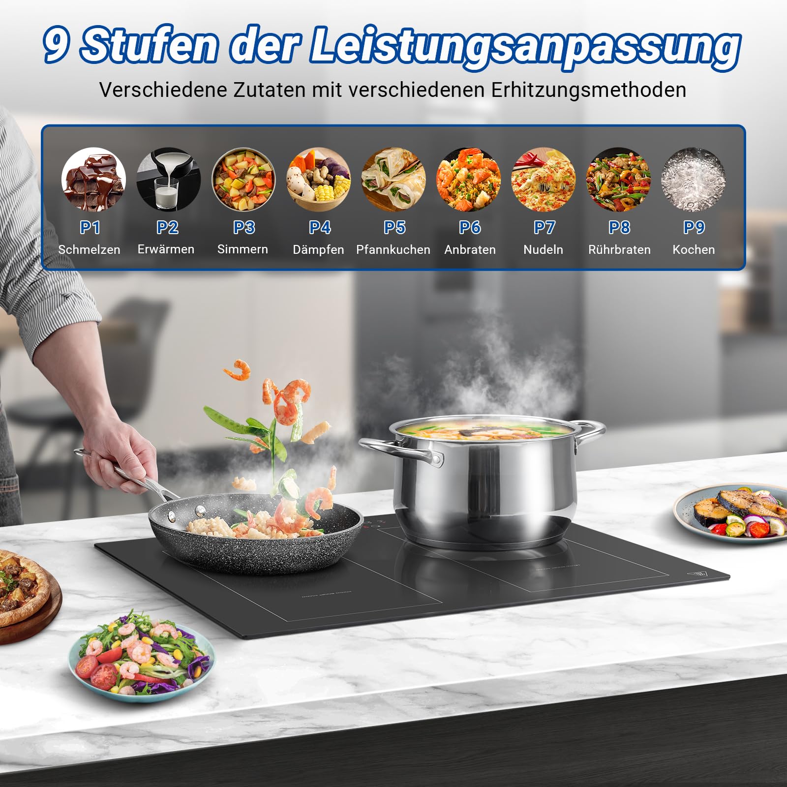 AMZCHEF Induktionskochfeld 60cm mit Zwei Flexzonen, 4 Zonen Induktionskochplatte mit Boost-Funktion und 9 Leistungsstufen, Touch-Bedienung, Timer, Sicherheitsschloss, Überhitzungsschutz, BBQ, 7200W | Sicherheitsverriegelung, automatische Abschaltung, Prot