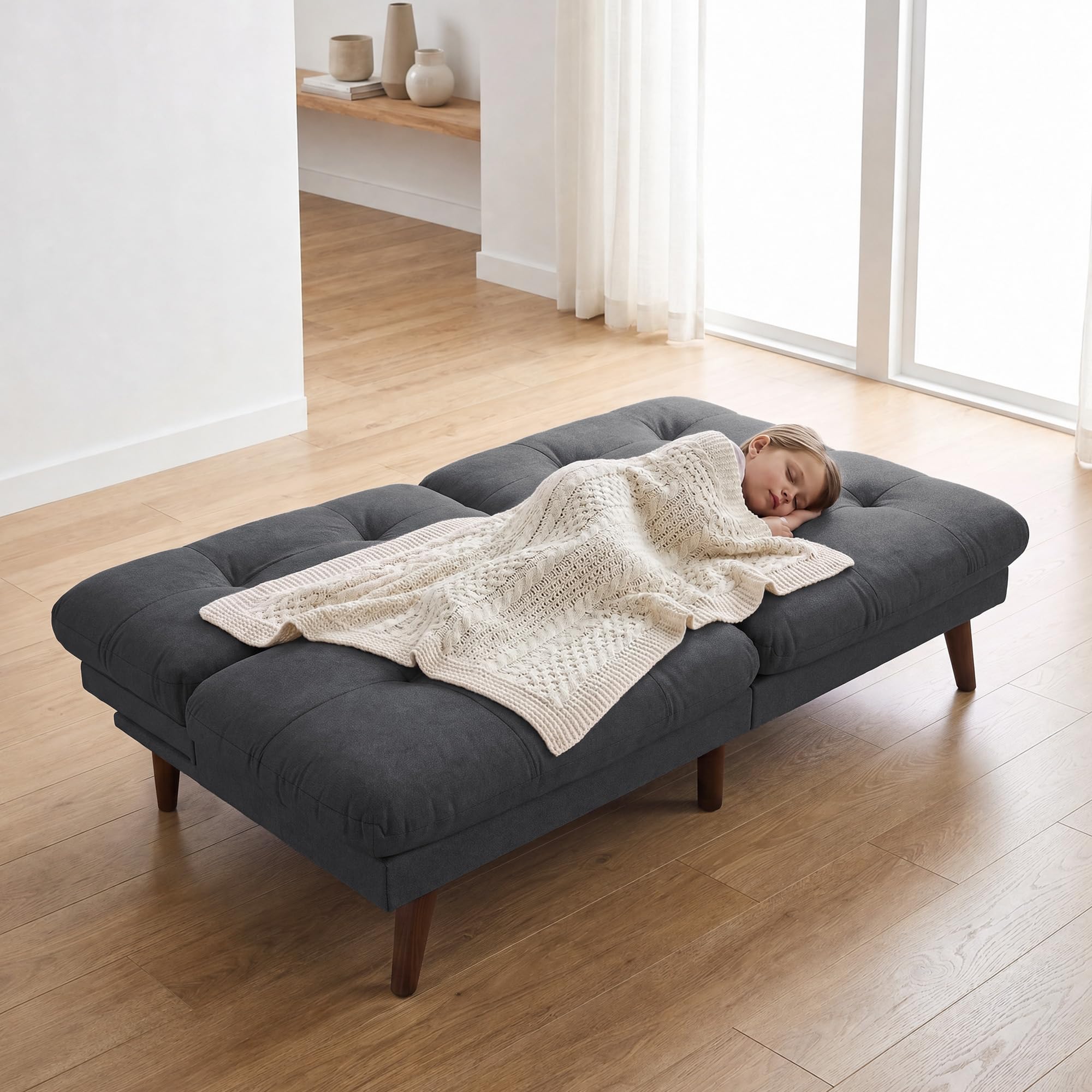 Flamaker 67'' Futon Sofa Bed, Modern Grey Linen Convertible Futon Couch | Folding Futon Set with Adjustable Backrest, Solid Wood Frame Loveseat, Recliner Lounge for Living Room, Apartment & Office