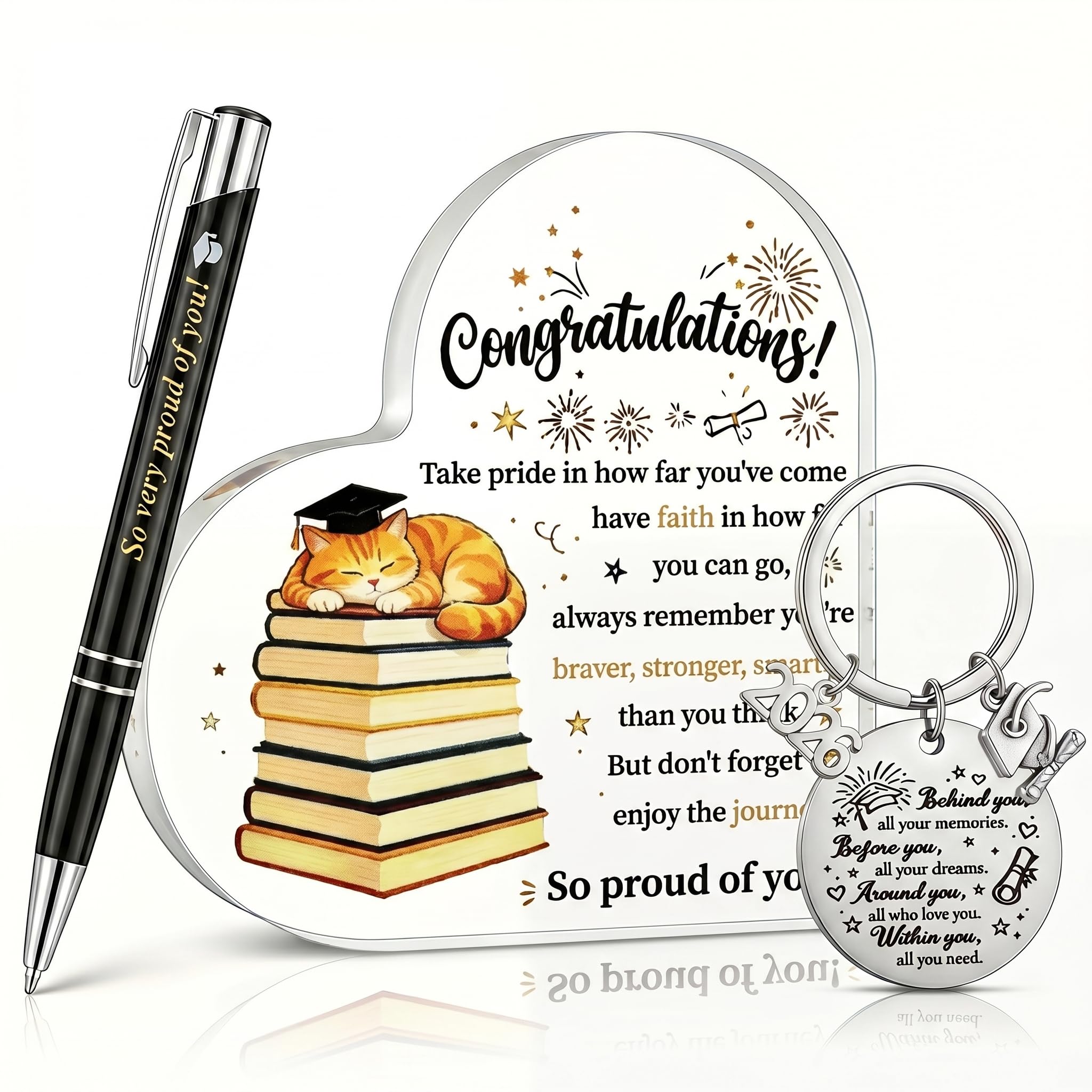 YANFALE Graduation Gift for Him Her, Son, Grandson, Three-in-One Graduation Keyring, Acrylic Plaque, Pens, So Proud of You Graduation Gifts, Primary University Phd School Leavers Presents