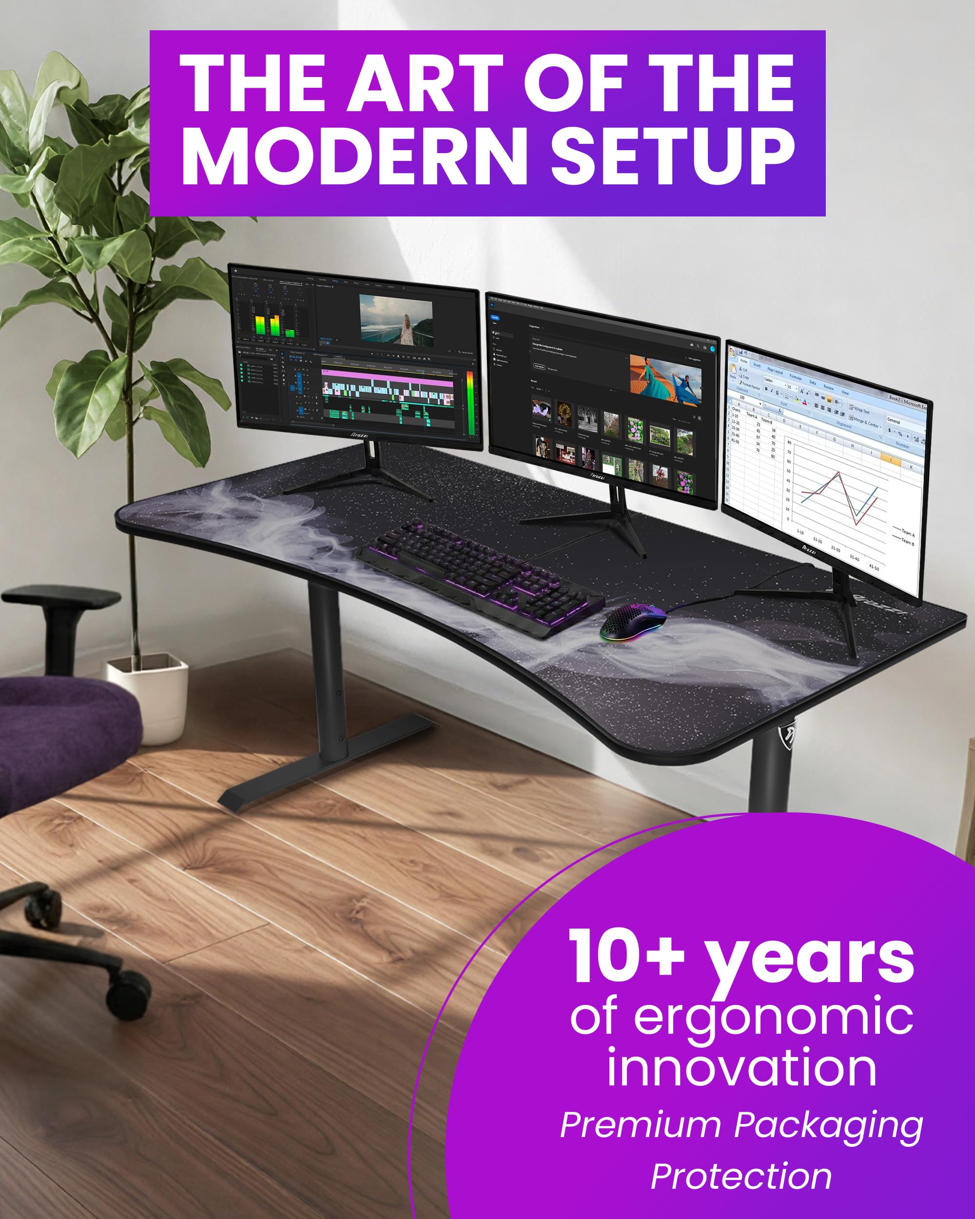 Arozzi Arena Gaming Tisch - Groß 160x82cm Gaming Schreibtisch für kleine Räume - Höhenverstellbar PC Tisch mit Full-Surface Mikrofasermauspad - Kabelmanagement und stabile Stahlbeine - Gunmetal Galaxy