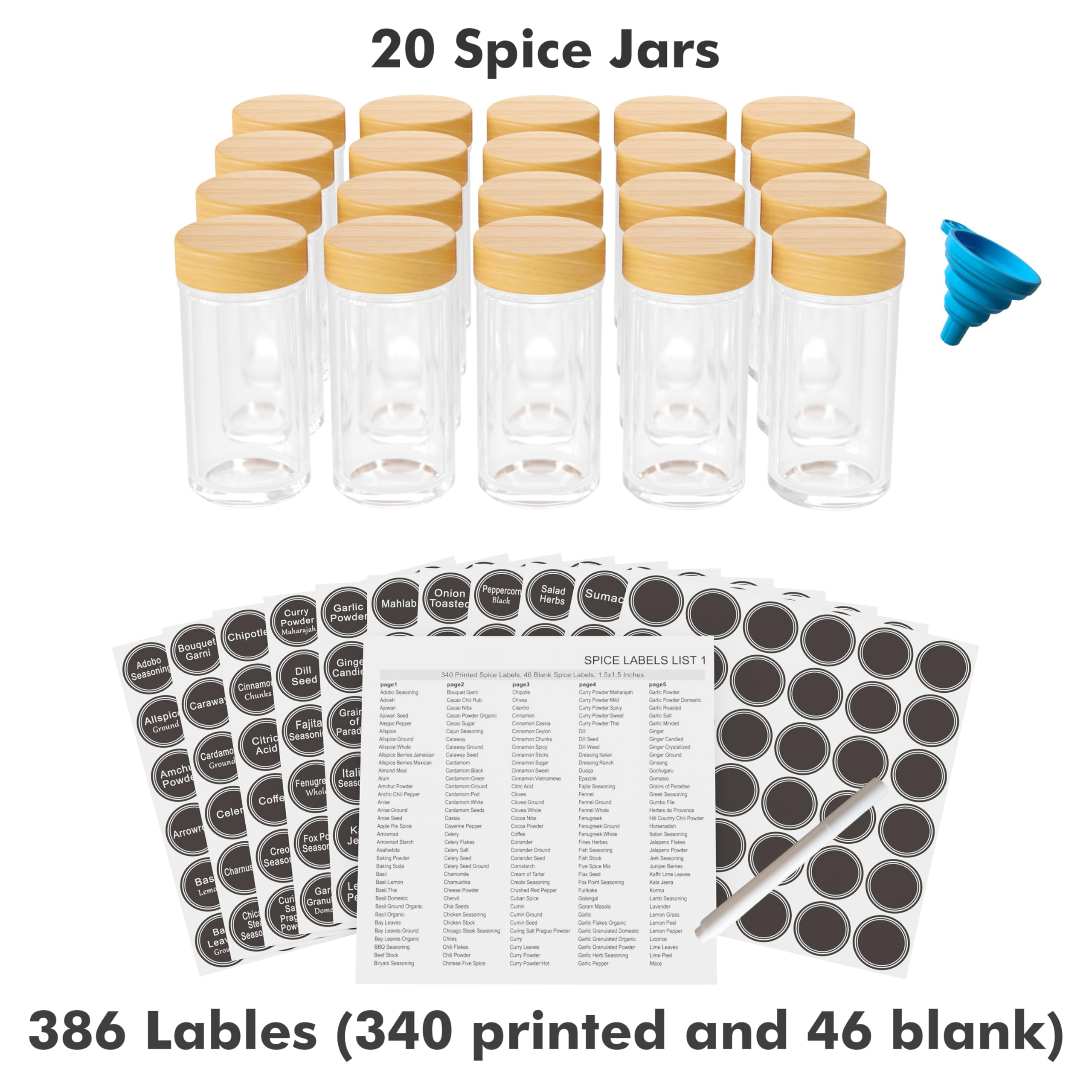 New England Stories Revolving Spice Rack Set with 20 Spice Jars, Kitchen Spice Tower Organizer for Countertop or Cabinet - Carousel Storage Includes 386 Spice Labels (Black)