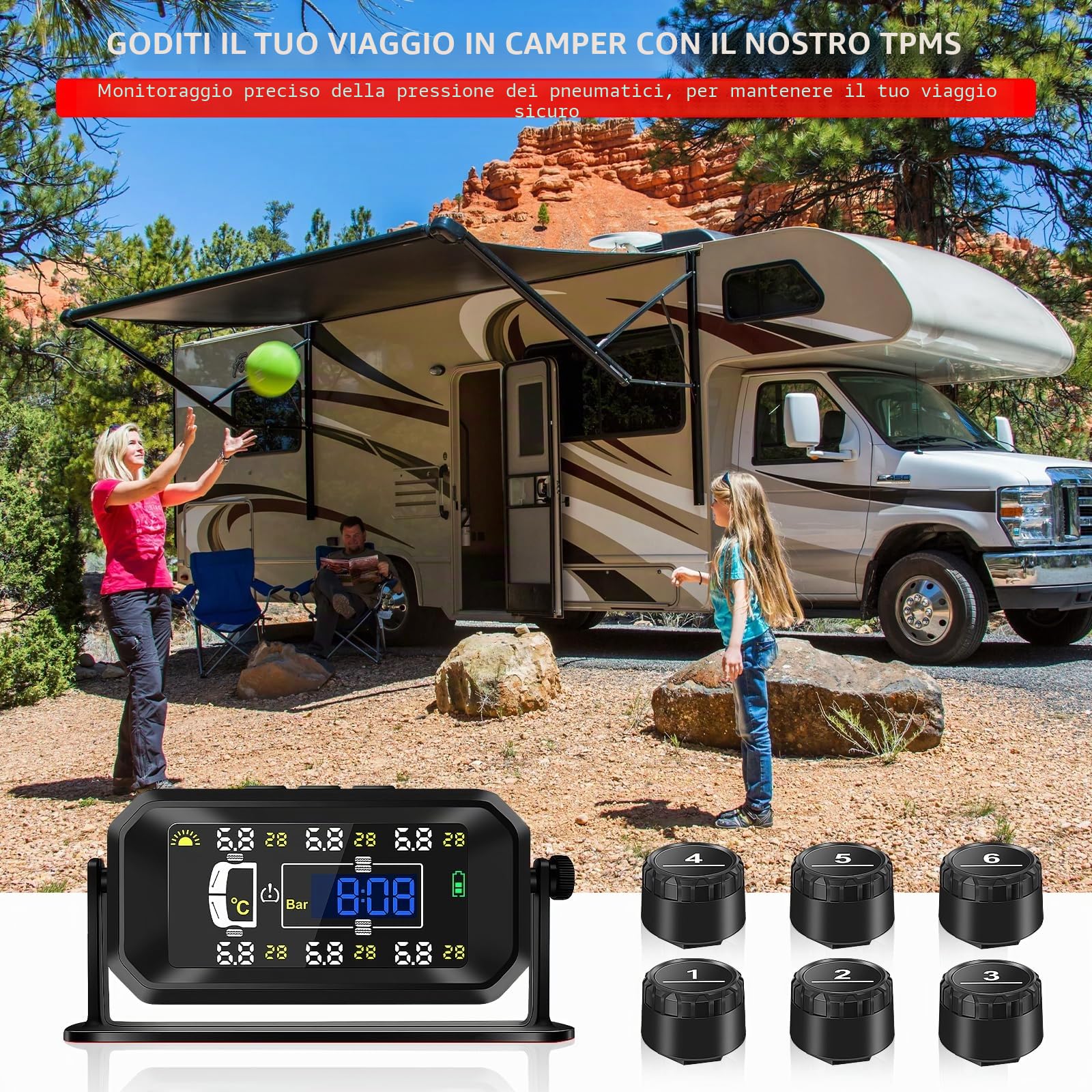 KAOLALI Sistema di monitoraggio della Pressione dei Pneumatici TPMS,【4/6 modalità Ruota】 0.01 Bar Alta Precisione TPMS, con 6 Sensori Pressione Pneumatici per Auto Camper per Camion LKW