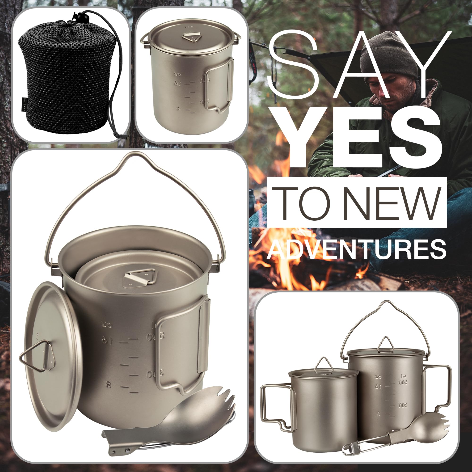 Black Snake Campinggeschirr Set aus Titan - 3-teilig & Ultraleicht - mit 750 ml Topf, 420 ml Topf & Göffel - kompakt verstaubar inkl. Beutel