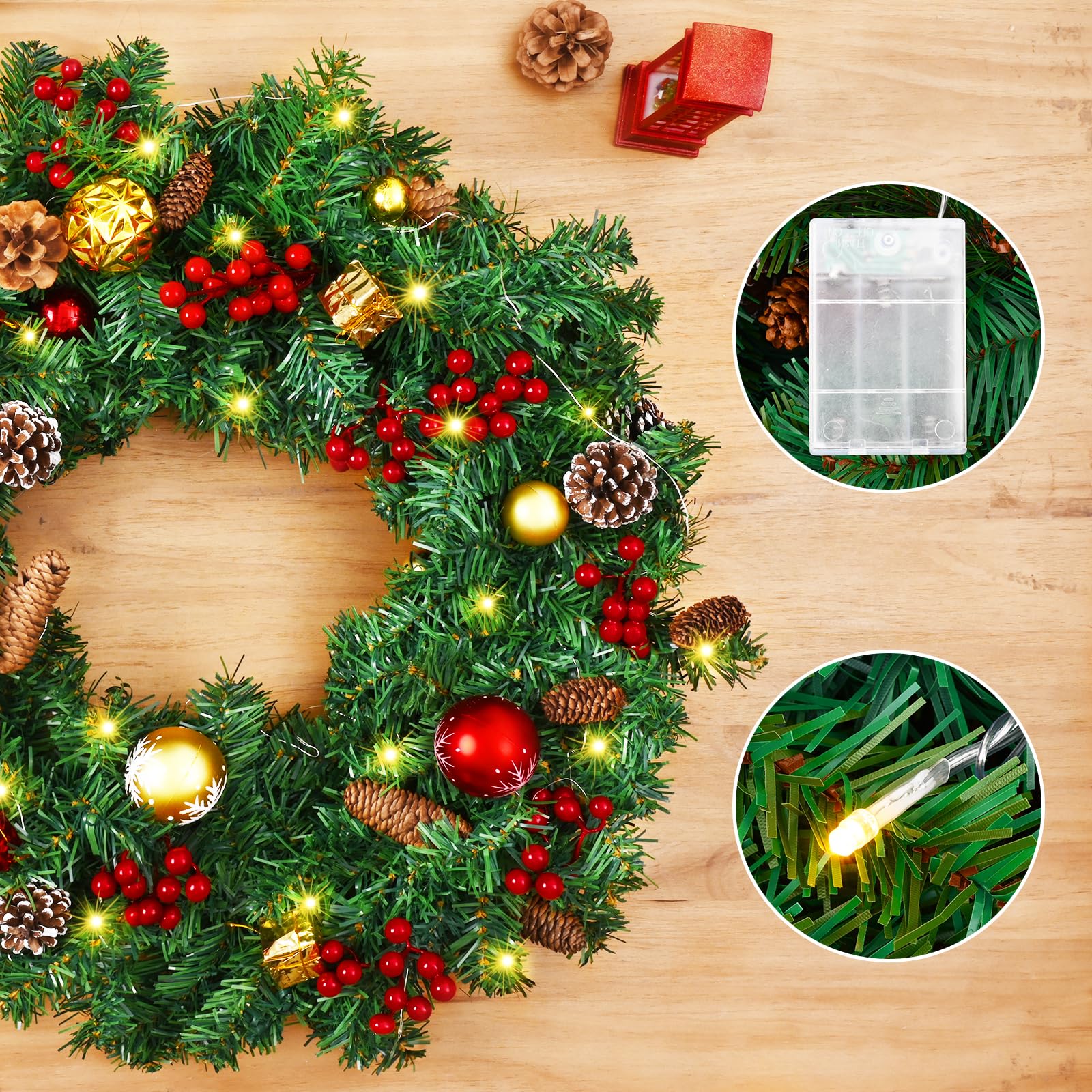 Guirlande Noel Baies Rouges Avec LED, Decoration Table Noel, Baie Noël Houx Pommes De Pin, Guirlande Noel Sapin Lumineuse, Decoration De Noel Cheminées Porte Escalier Interieur Exterieur à Pile (D