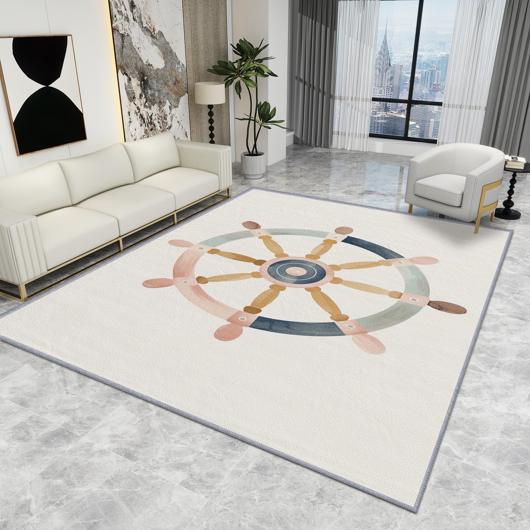 Kids Nautical Rug - Nautical Rug - Ocean Coastal Ship Wheel Rugs, Watercolor Carpet, Washable Rug Non Slip Low Pile Soft Small Area Rugs, Nautical Home Decor Gifts, 80 X 100 cm