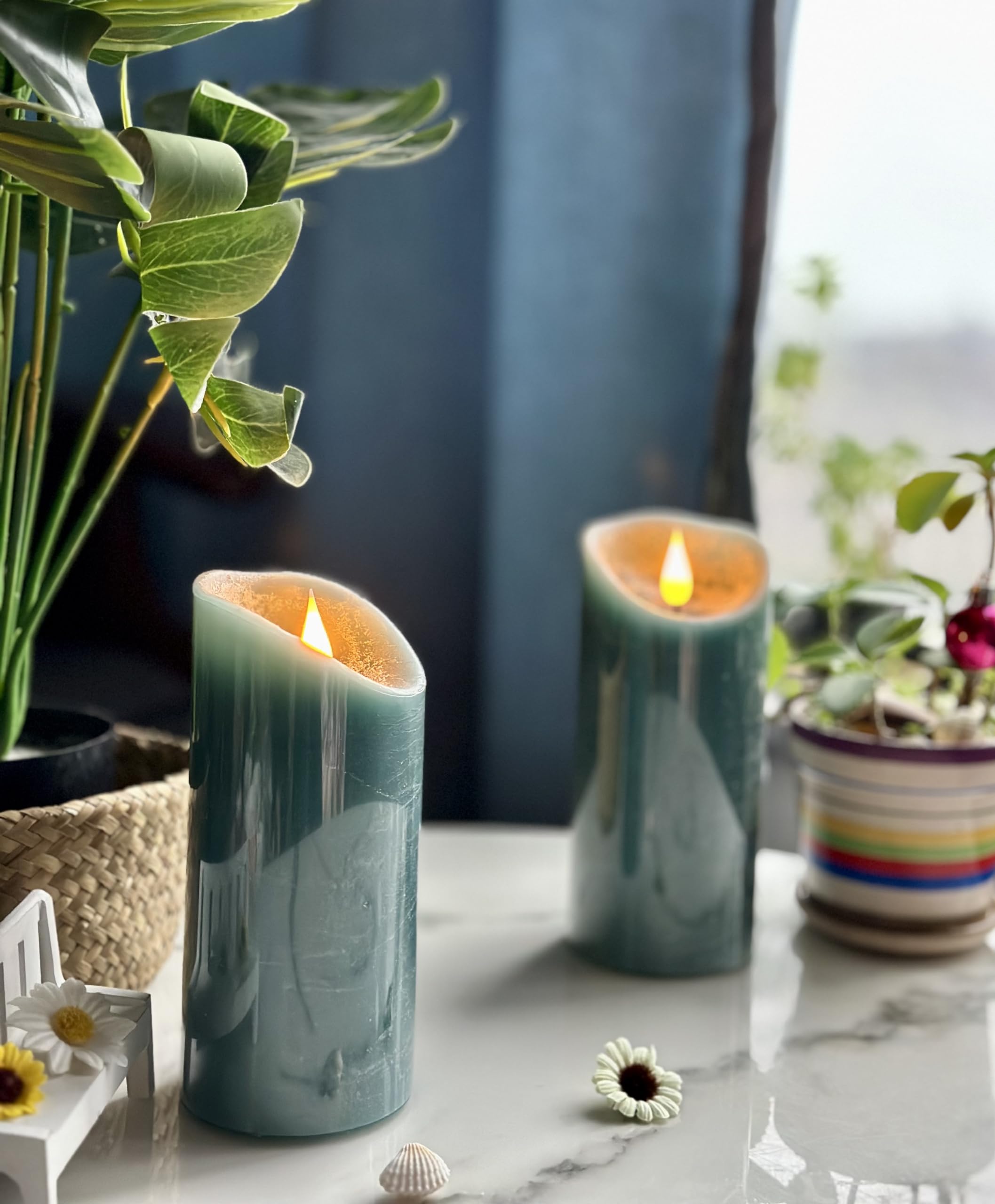 Adoria Blue Flameless Candles Set Of 2 - Real Wax LED Candles With 3D Flame & Ocean Scent