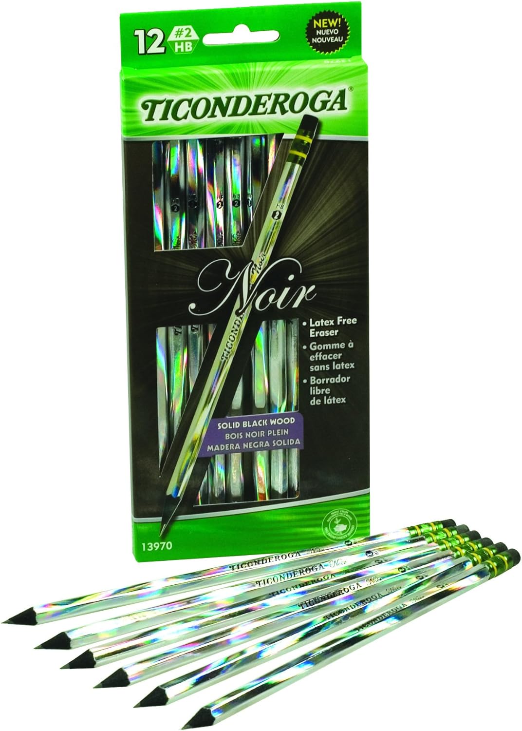 Dixon Ticonderoga Black WoodCased Black Writing No2 Soft Noir PencilsHolographic Design, Six