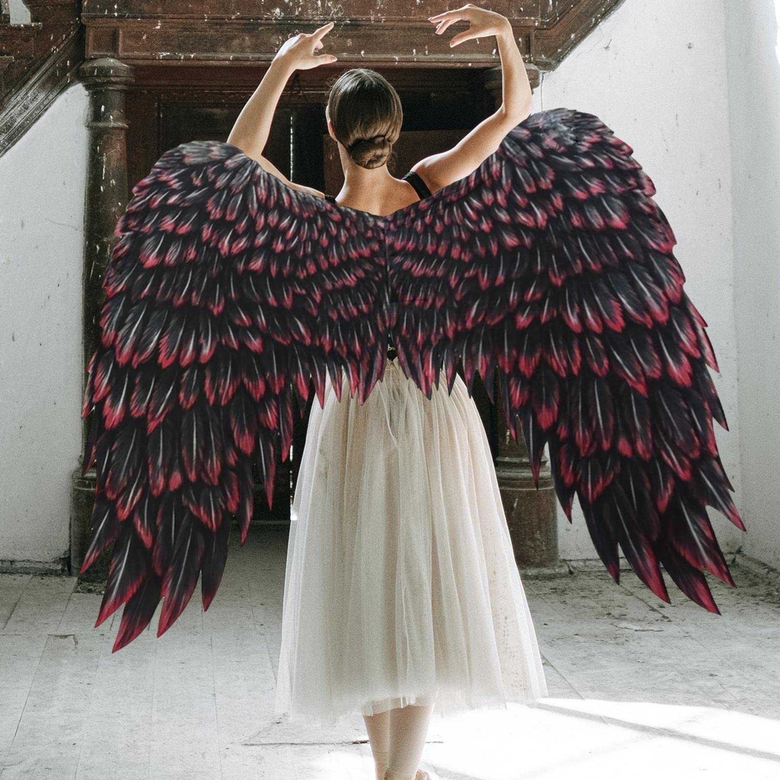LOVIVER Grandes alas de ángel para Adultos Accesorios de Disfraces de Hadas Alas Decorativas Tela no Tejida Impresa para Fiesta Carnaval de Halloween Mardi, Negro Rojo