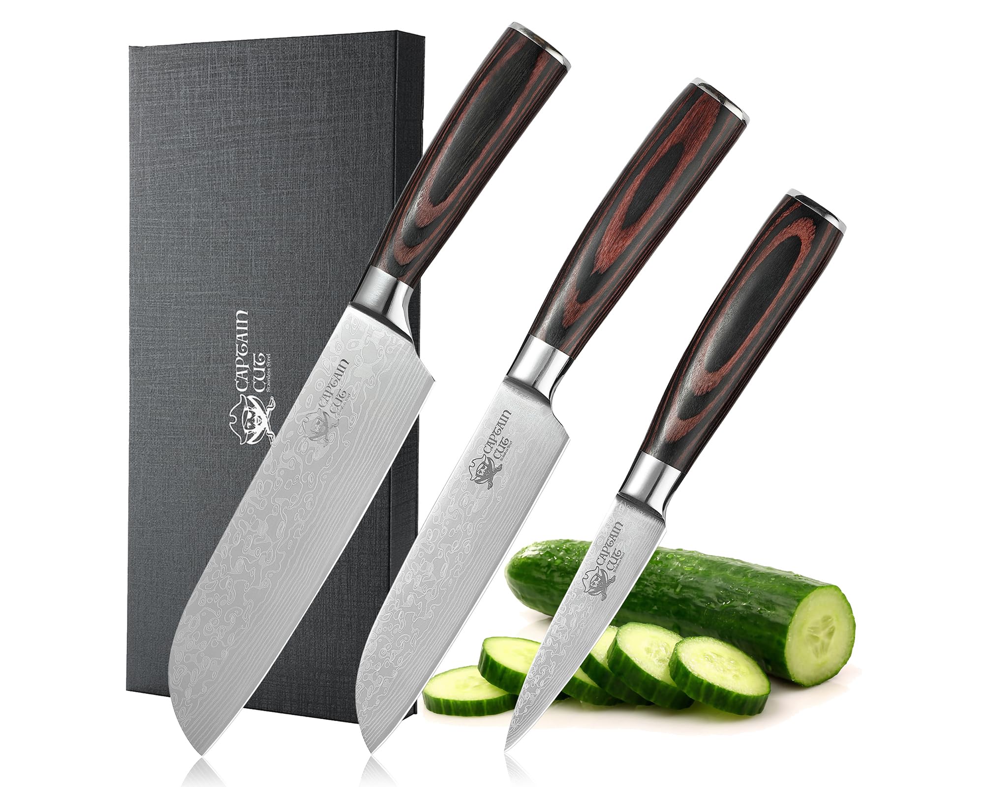3-teiliges Messerset, Edelstahl, Damast-Optik, Pakkaholzgriff | Scharfes Küchenmesser Set: Klingenlängen 17–9 cm, langlebige Edelstahlklingen, in Geschenkbox