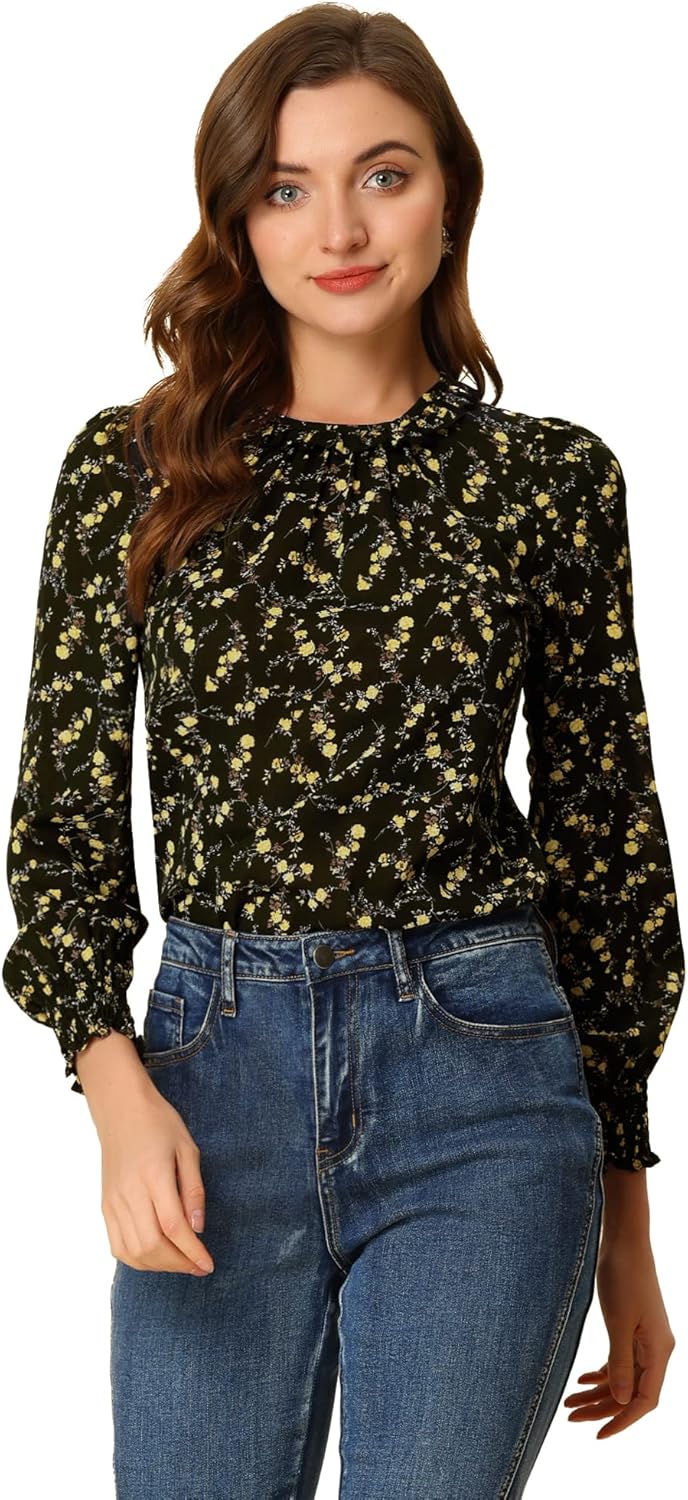 Allegra K Women's Puff Sleeve Top Elegant Floral Print Smocked Cuffs Ruffle Neck Blouse