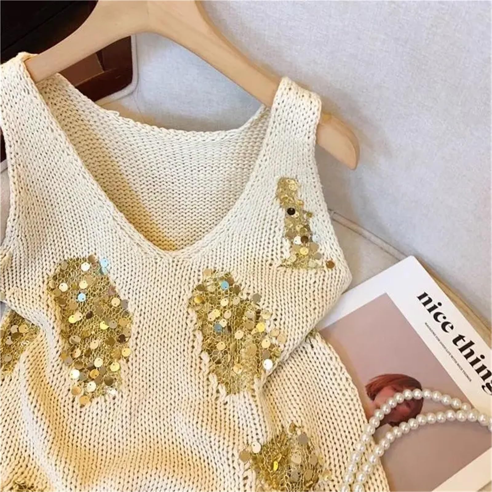 Top con Paillettes Top Senza Maniche da Donna in Maglia con Scollo a V e Paillettes