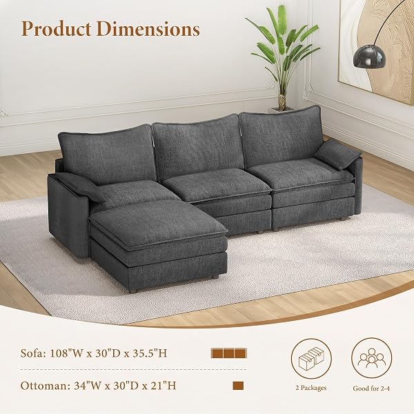 Comfy Cloud Couch with Movable Ottoman Deep Seat Chenille L Shaped Modular Sofa,108" Modular Sectional Sofa, Sectional Couches for Living Room, Bedroom and Apartment (Grey) - 2