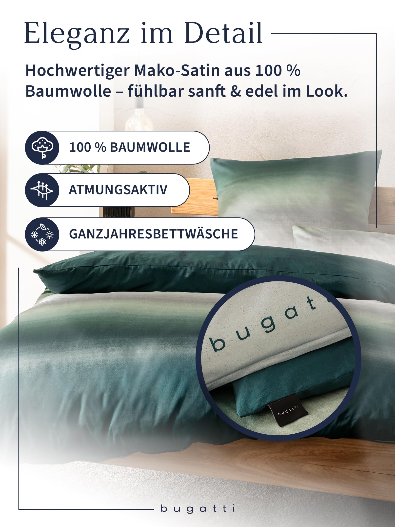 bugatti Bettwäsche 135 x 200 cm - 100% Baumwolle, Reißverschluss, anschmiegsam, weich & waschbar, Mako Satinbettwäsche gestreift grün grau