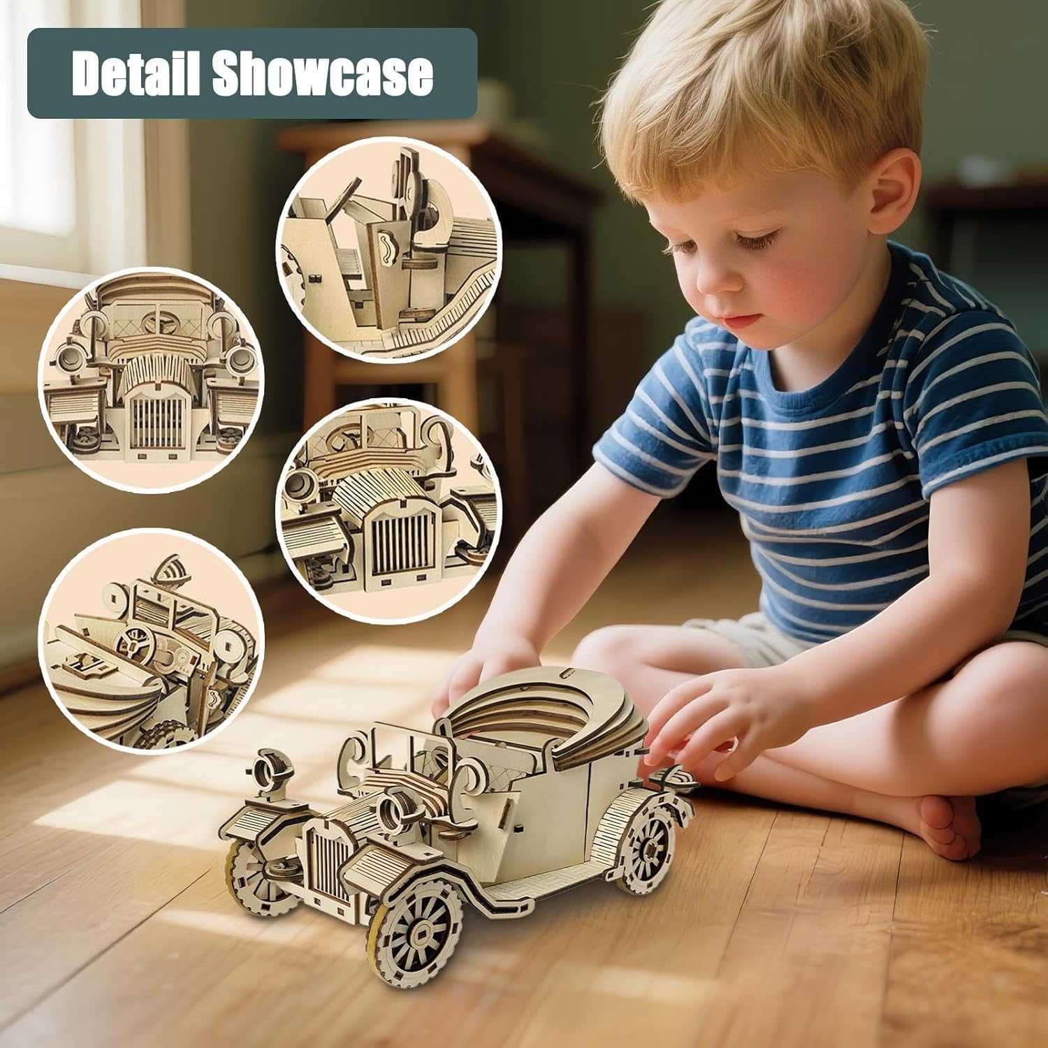 3D 木製パズルモデルカーキット,木製ビークルモデル組み立てキット - レトロな知恵の輪車両おもちゃ 男性 女性 コレクター 家族