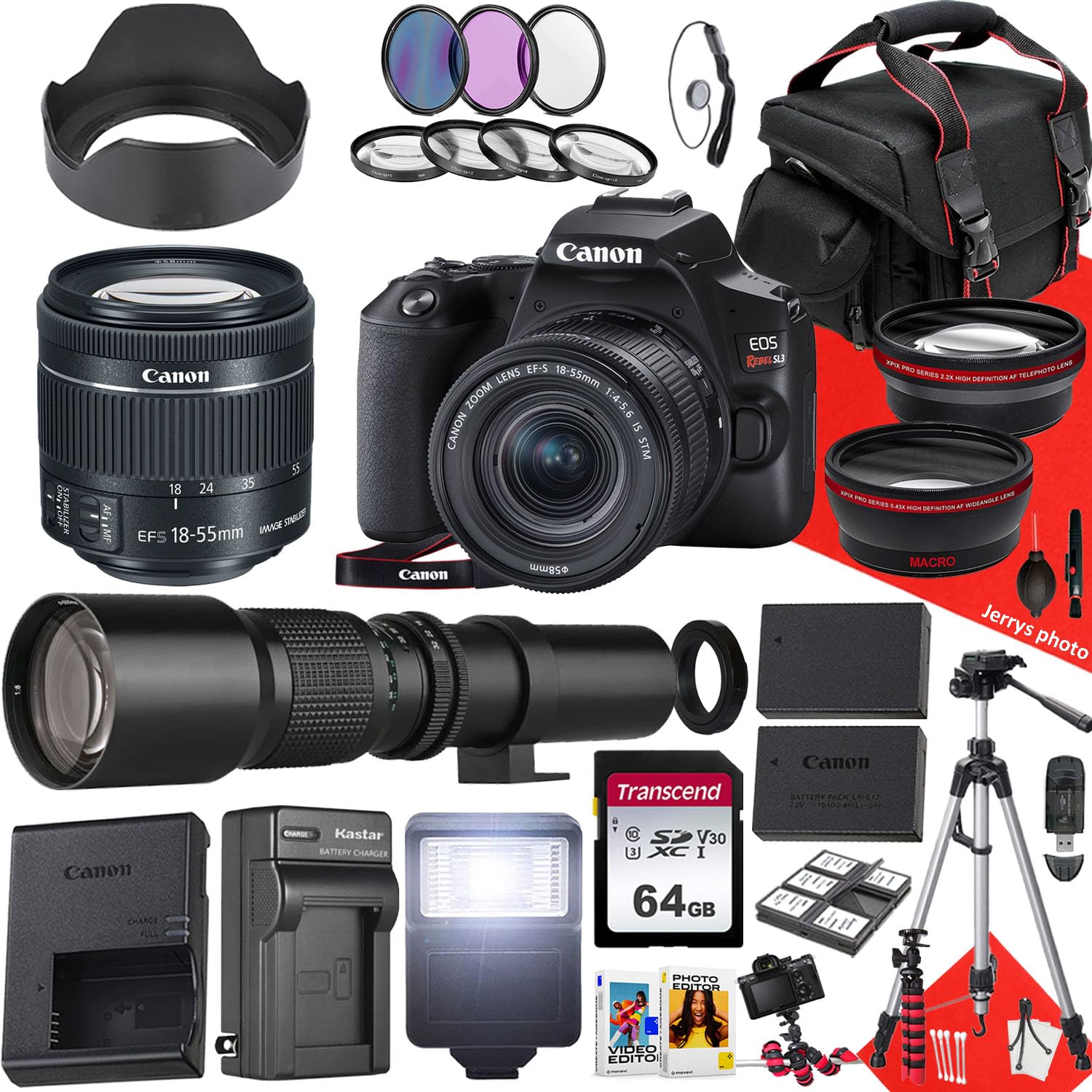 Canon EOS Rebel SL3 DSLR Camera with EF-S 18-55mm f/4-5.6 is STM and 500mm f/8.0 Preset Telephoto Lens + 64 GB Memory + Filters + Tripod + More (36pc Bundle) (Renewed), Black