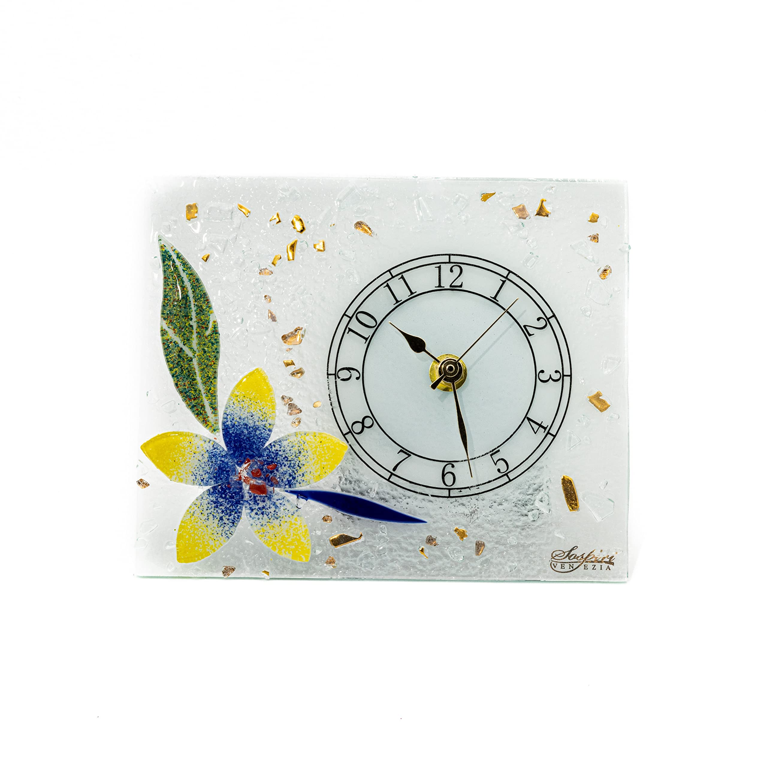 Sospiri Venezia Reloj de Mesa de Vidrio de Murano con Mecanismo Silencioso, Decorado con Diseño Floral Dorado, Hecho a Mano, Idea de Regalo, (18x15 cm)