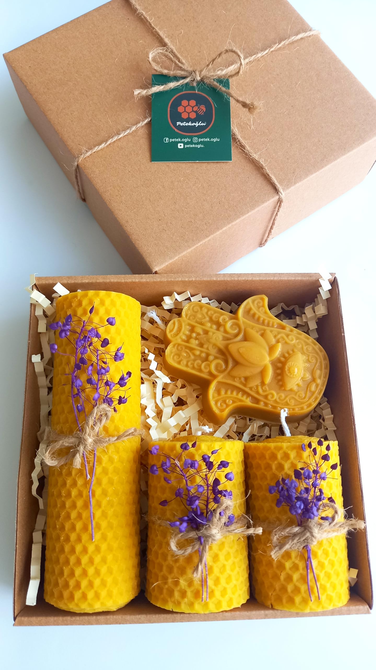 Petekoğlu Doğal Petek Balmumu Mum Hediyelik Dekoratif Set Hamse Bereket Eli Beeswax Canle Gift Set