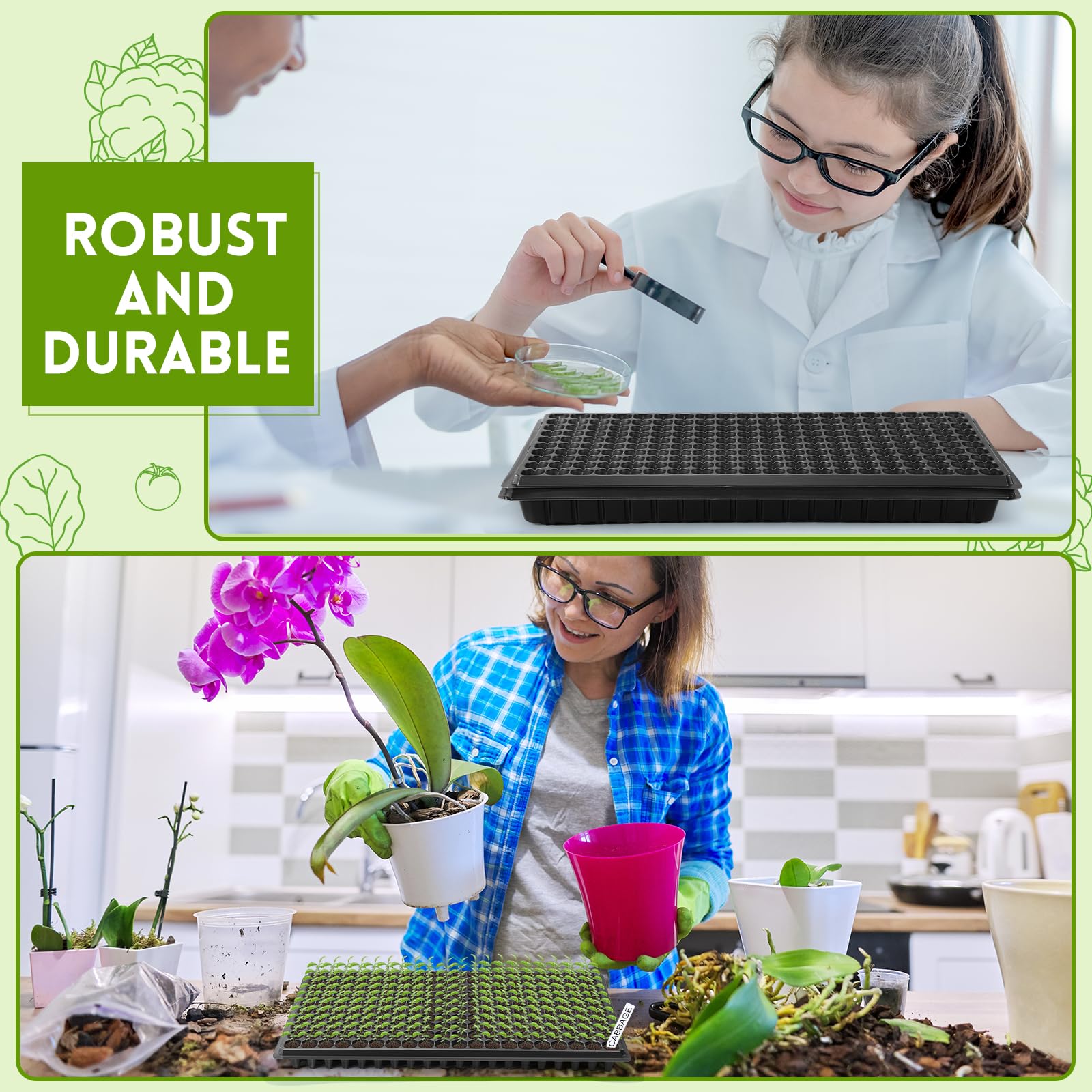 Hushee Paquete de 10 bandejas de cultivo de semillas de microgreens, 1020 bandejas sin agujeros, 10 bandejas de enchufe de 200 celdas y 100 etiquetas, bandejas de cultivo de plantas, bandejas de