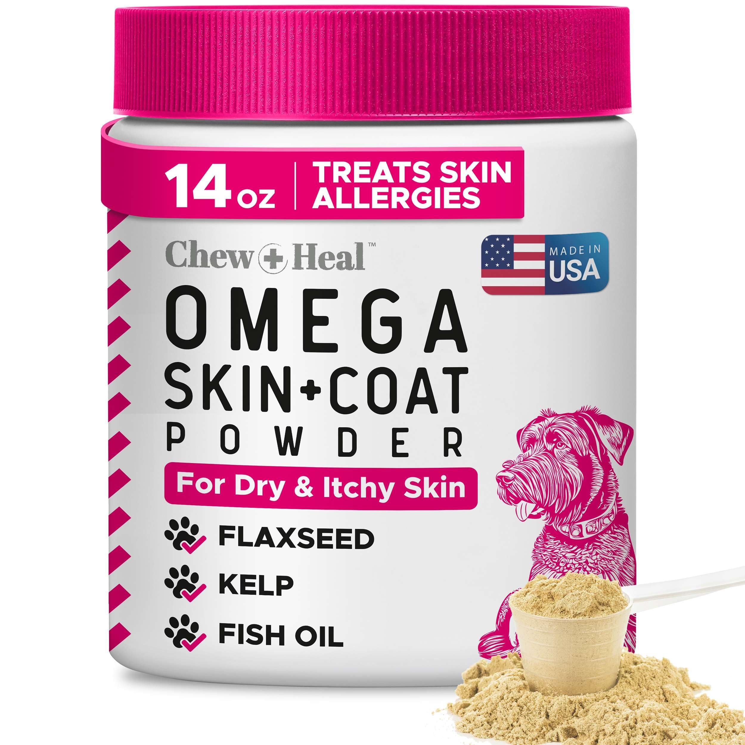 Omega 3 Powder for Dogs - 14 oz of Dog Powder Supplement for Skin and Coat - Made with Omega 3, 6, and 9 Fatty Acids, Biotin, and Vitamin C - Made in The USA
