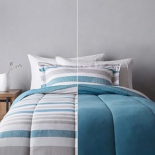 Amazon Basics Ultra-Soft Light-Weight Microfiber Reversible Comforter Bedding Set - Twin/Twin XL, Teal/Beige Stripes