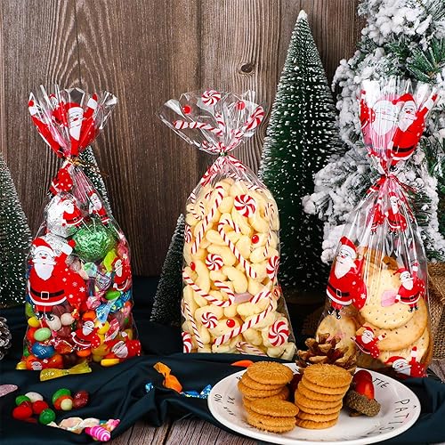 Miniatura 3 de Boao 100 bolsas de celofán, bonitas bolsas de golosinas transparentes con 150 lazos giratorios para suministros de fiesta (estilo navideño 11)