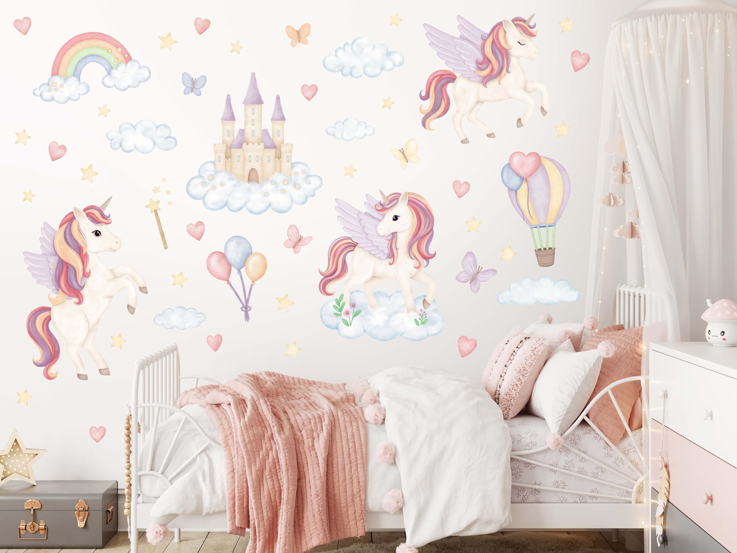 Wandtattoo Kinderzimmer Einhörner - Kinderzimmer Deko 50 separate Aufkleber - Wandtattoo Kinderzimmer Sicher für Kinder - Wanddeko Pastellfarbene, Rosa, Violette - Magische Einhörner
