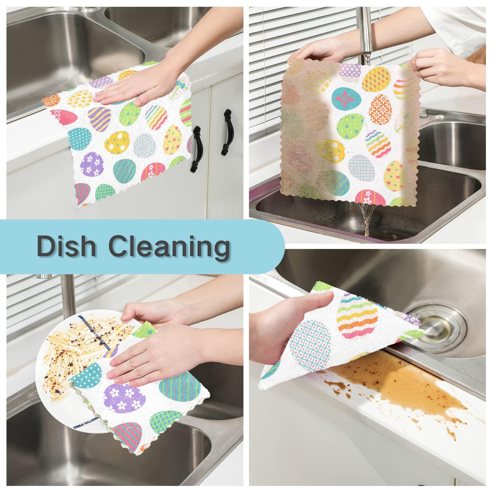 ALAZA Dish Towels - Seamless Absorbent Kitchen Cloths, Soft Lint Free Bar Tea Towels - Easter Eggs Set of 6, 11