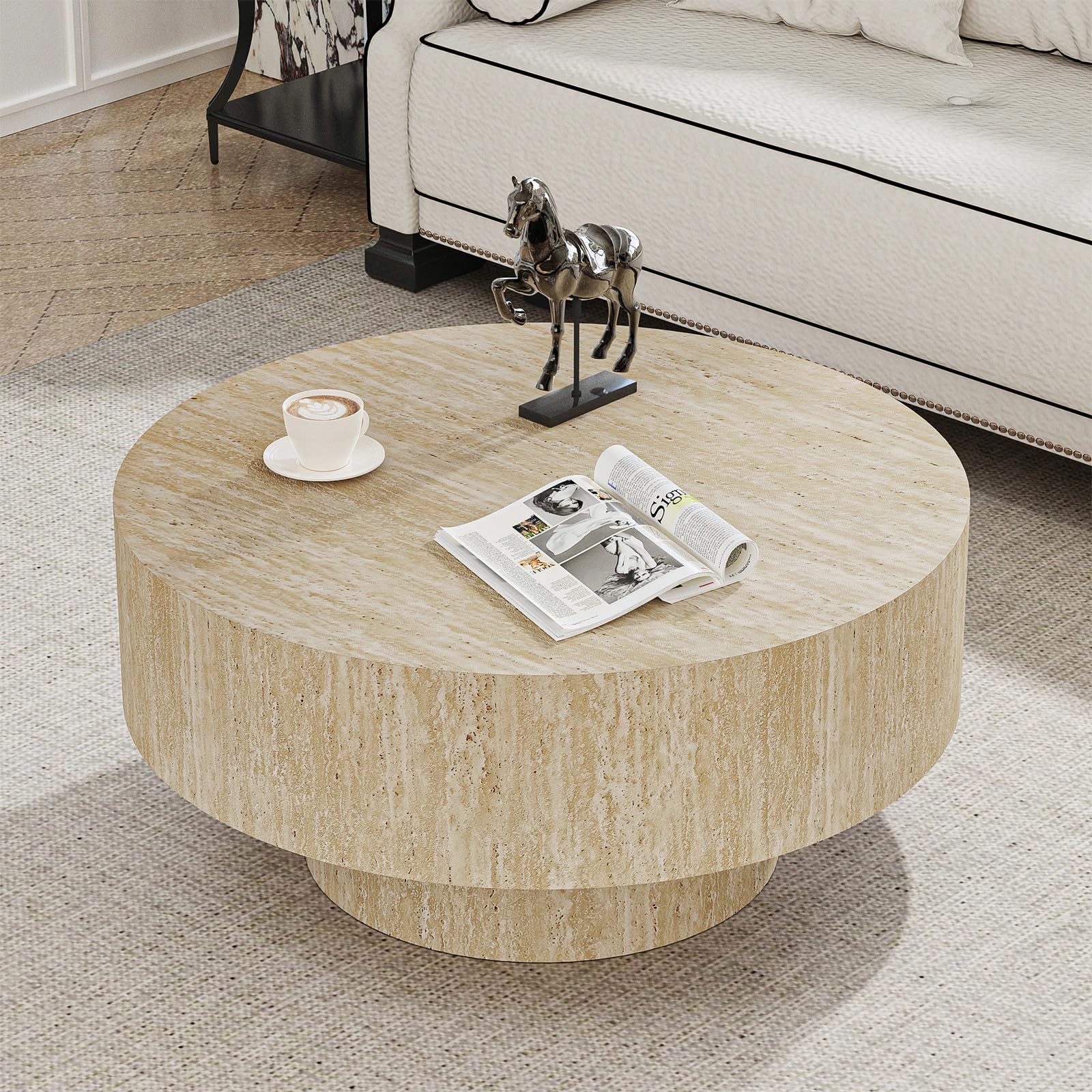 Modern Wood Coffee Table 29.92" Unique Drum Coffee Tables Travertine Round Coffee Table Low Coffee Table for Living Room Apartment, Farmhouse, Office
