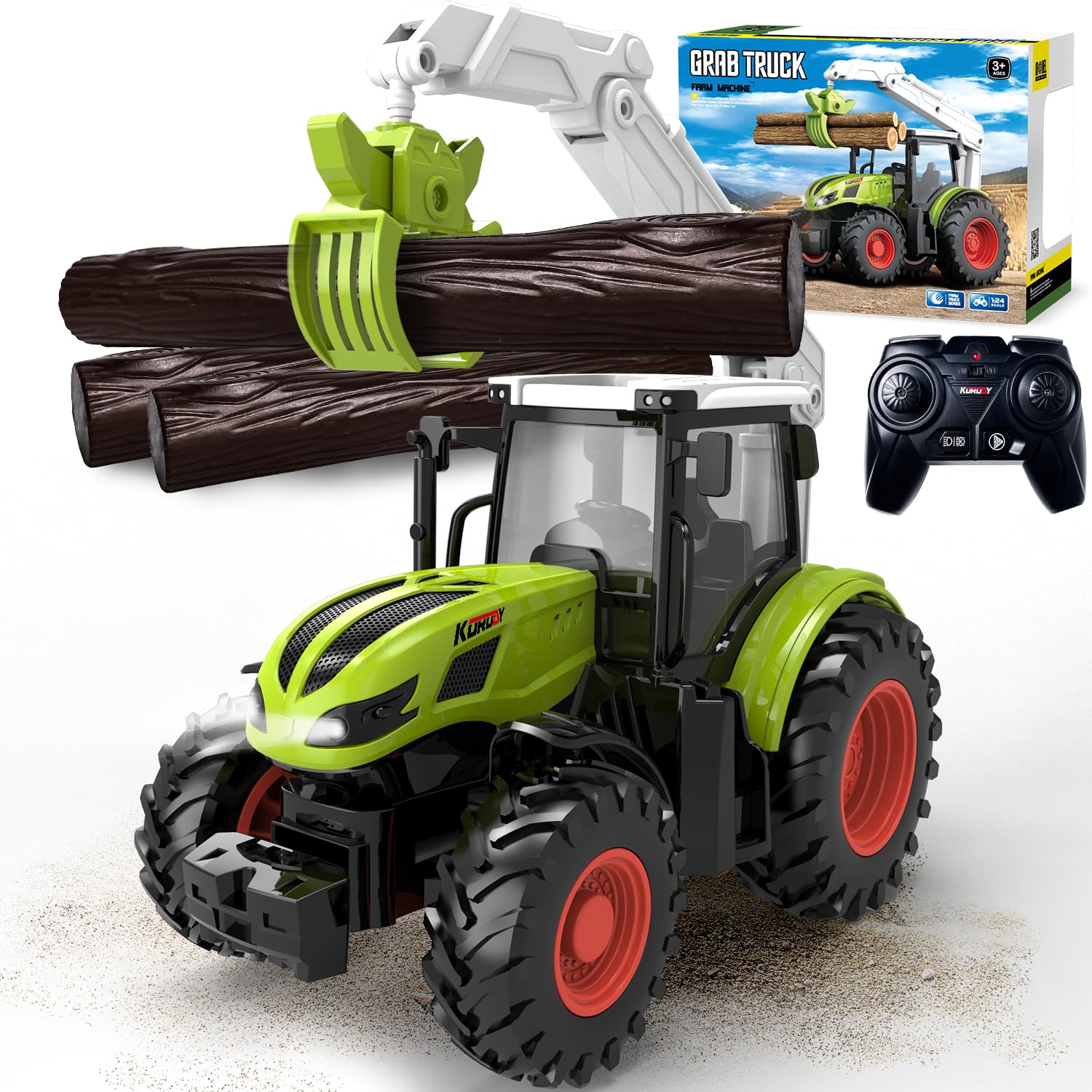 Traktor Spielzeug, Ferngesteuerter Traktor Ferngesteuert ab 3 4 5 6 Jahre, Trecker Spielzeug Kinder Grün mit Licht, Holzgreifer und 3 Baumstämme, RC Trecker Geschenke ab 3 4 5 6+ Jahre Jungen Mädchen