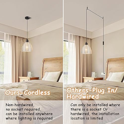 Miniatura 5 de Lámpara colgante a pilas con control remoto, paquete de 2 luces colgantes hechas a mano de metal sin cableado, bombillas recargables alimentadas por