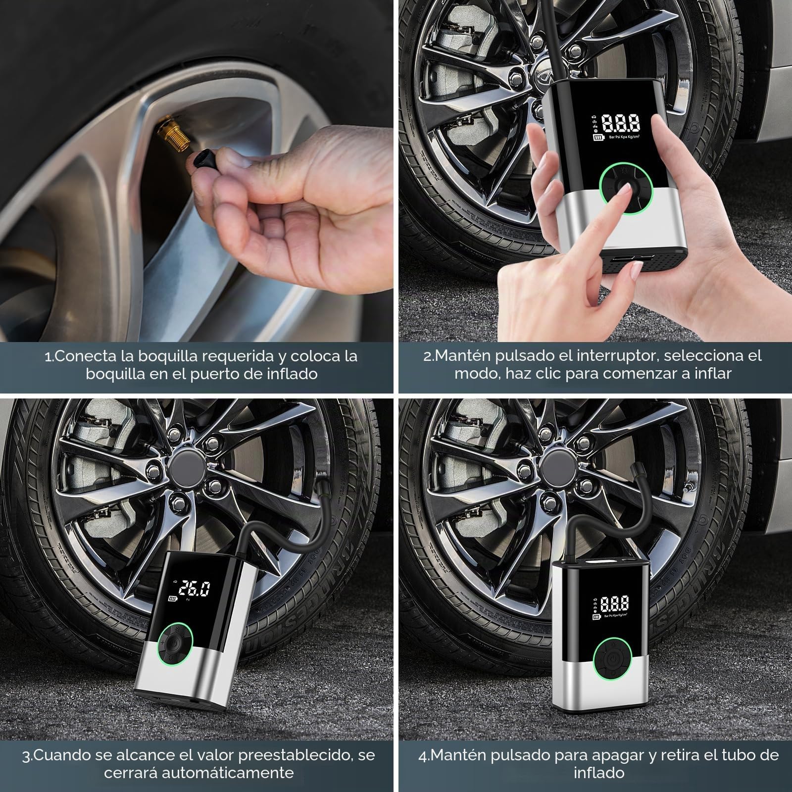 6000Mah Compresor Aire Portatil, 150PSI Inflador Ruedas Coche Mini Bomba de Aire Bicicleta Electrica con Pantalla LCD Digital y Linterna LED，con 4 Boquillas para Coches, Motos