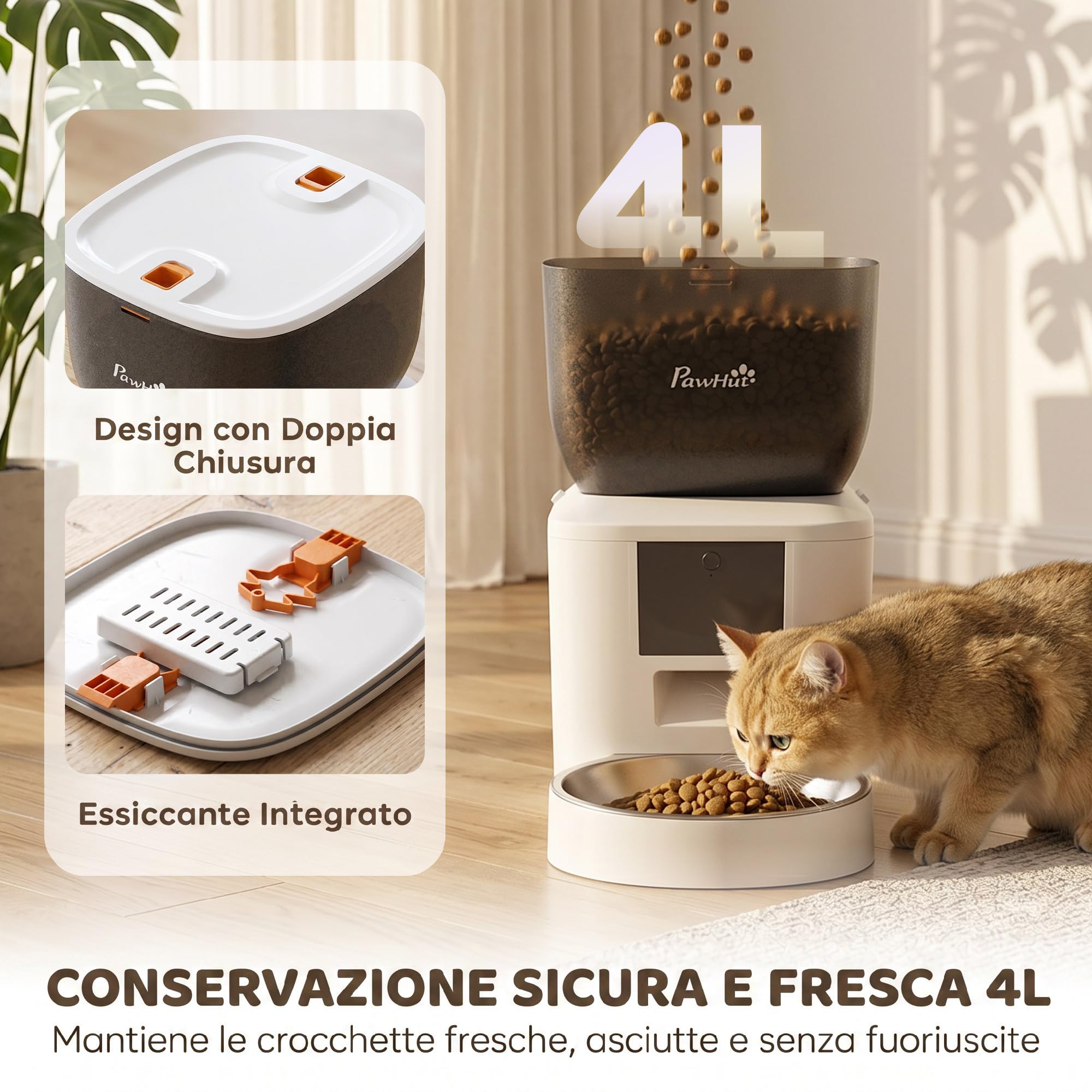 PawHut Distributore Automatico Cibo Gatti 4L WiFi 2.4G Erogatore Bianco | Dispenser Crocchette Gatto, App Controllo con Registratore 10s, 1-10 Pasti al Giorno, Ciotola in Acciaio Inox