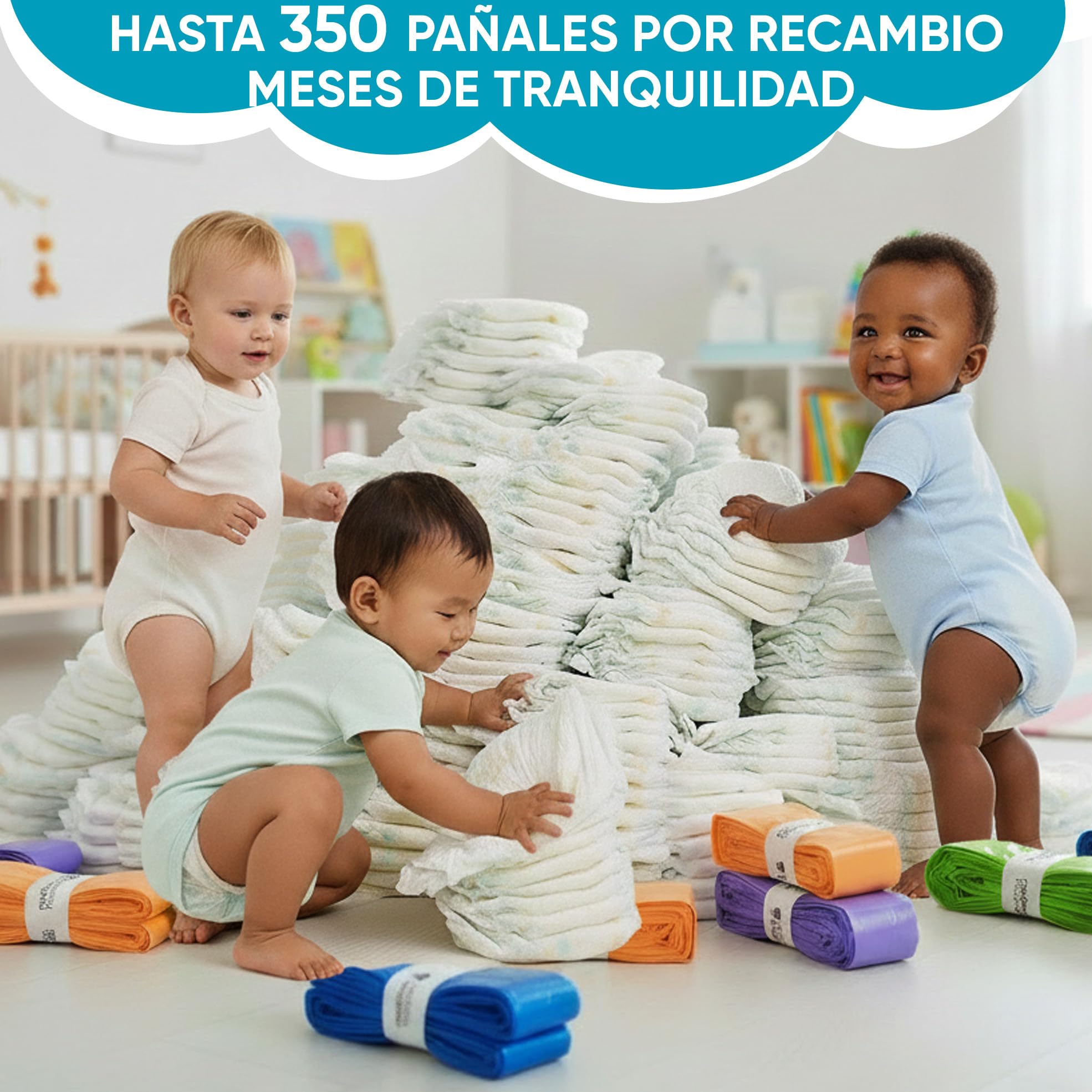 Factory HappyYou® – Pack 8 XXL Compatible con Angelcare y Tommee Tippee, entre otros muchos. Recambio -para Papelera Pañales Bebe - Contenedor Pañales – Escudo Antilolor – 7,5 metros por recambio