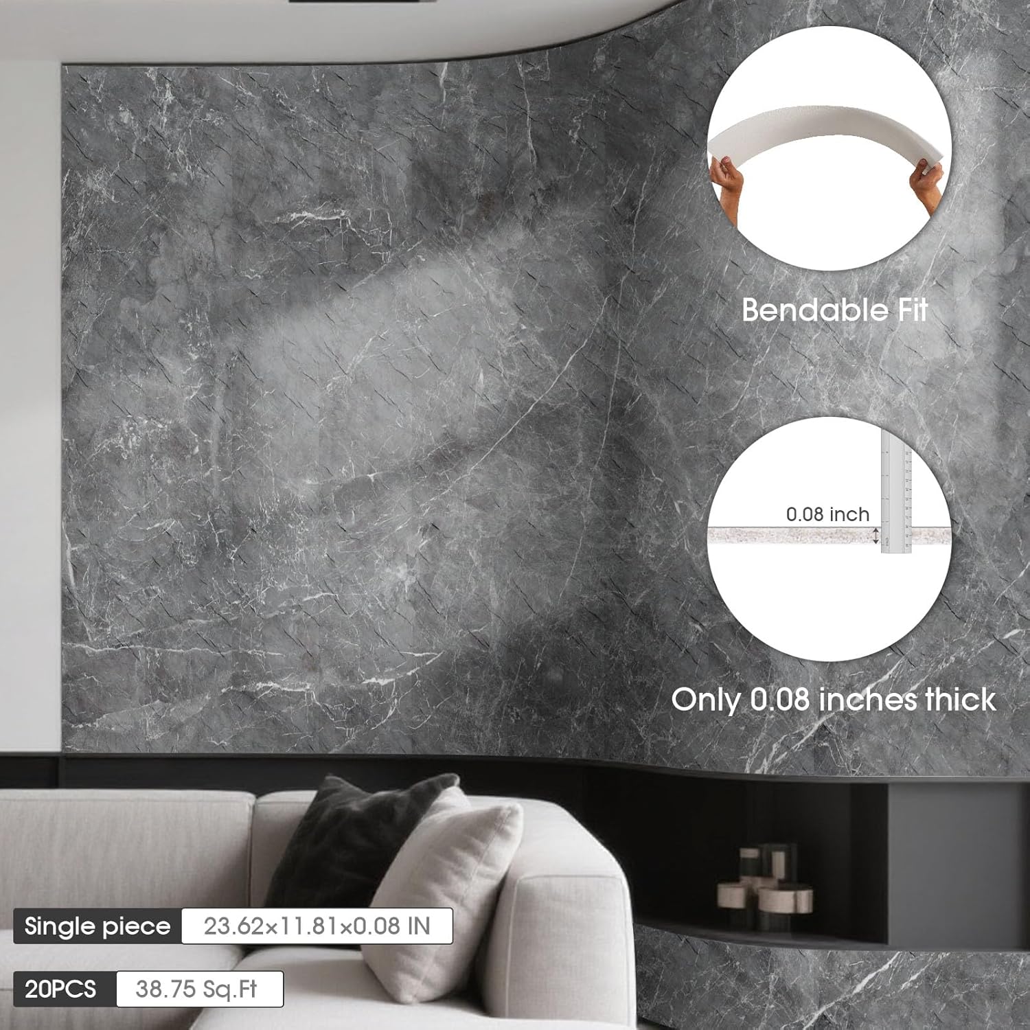 Natural Flexible Soft Stone Wall Panel, 20-Pack, 37.75 Sq Ft Coverage, Flexible & Bendable Exterior Wall Panels - Textured Stone Siding for Interior & Outdoor Use - Black 24 × 12 in × 20 pcs Black