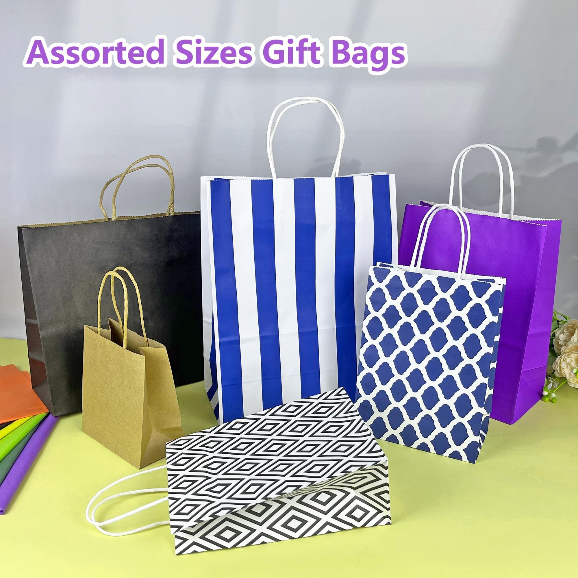 KEEPARTY Lot de 70 sacs cadeaux de tailles assorties avec poignées, comprend 35 sacs cadeaux, 5 tailles, plusieurs couleurs, 35 papiers de soie, 7 couleurs en vrac, parfaits pour les fêtes, les