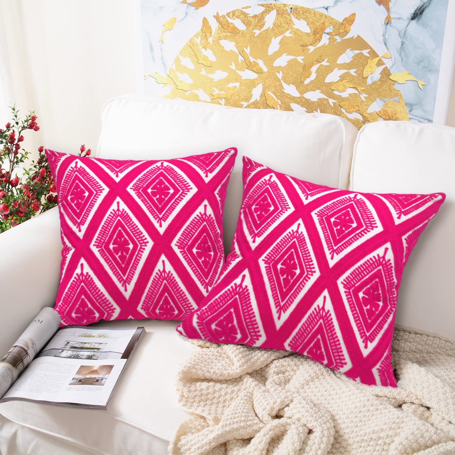 Alysheer Juego de 2 fundas de almohada decorativas bordadas de 18 x 18 pulgadas, estilo bohemio, geométrico, moderno, elegante, clásico, de algodón, para sofá, cama, sala de estar (rosa intenso)