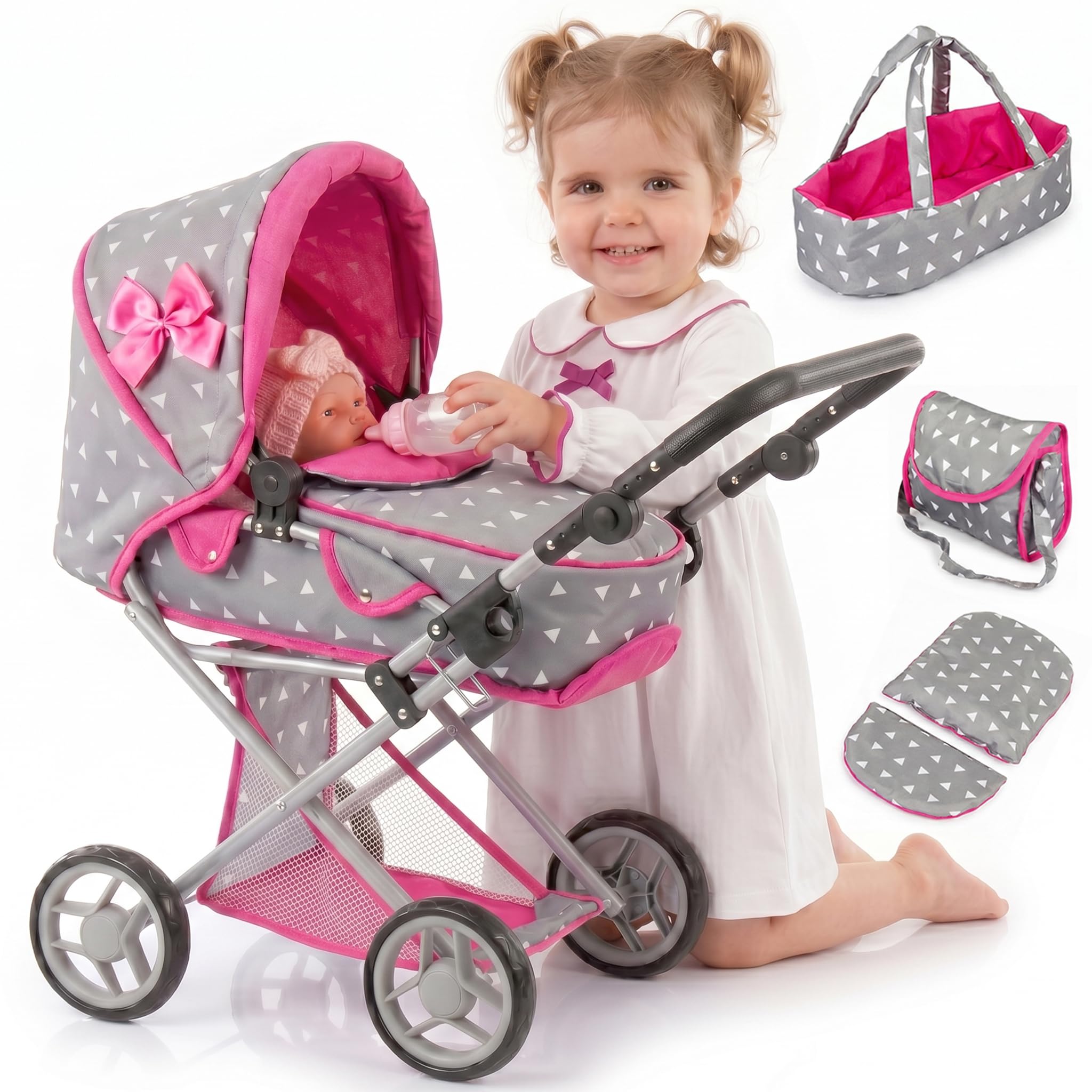 Kinderplay Poussette Poupee, Poussette Jouet - Poignée de la Poussette Entre 36.5 et 64 cm, avec Prise Souple, 3en1, KP0200S