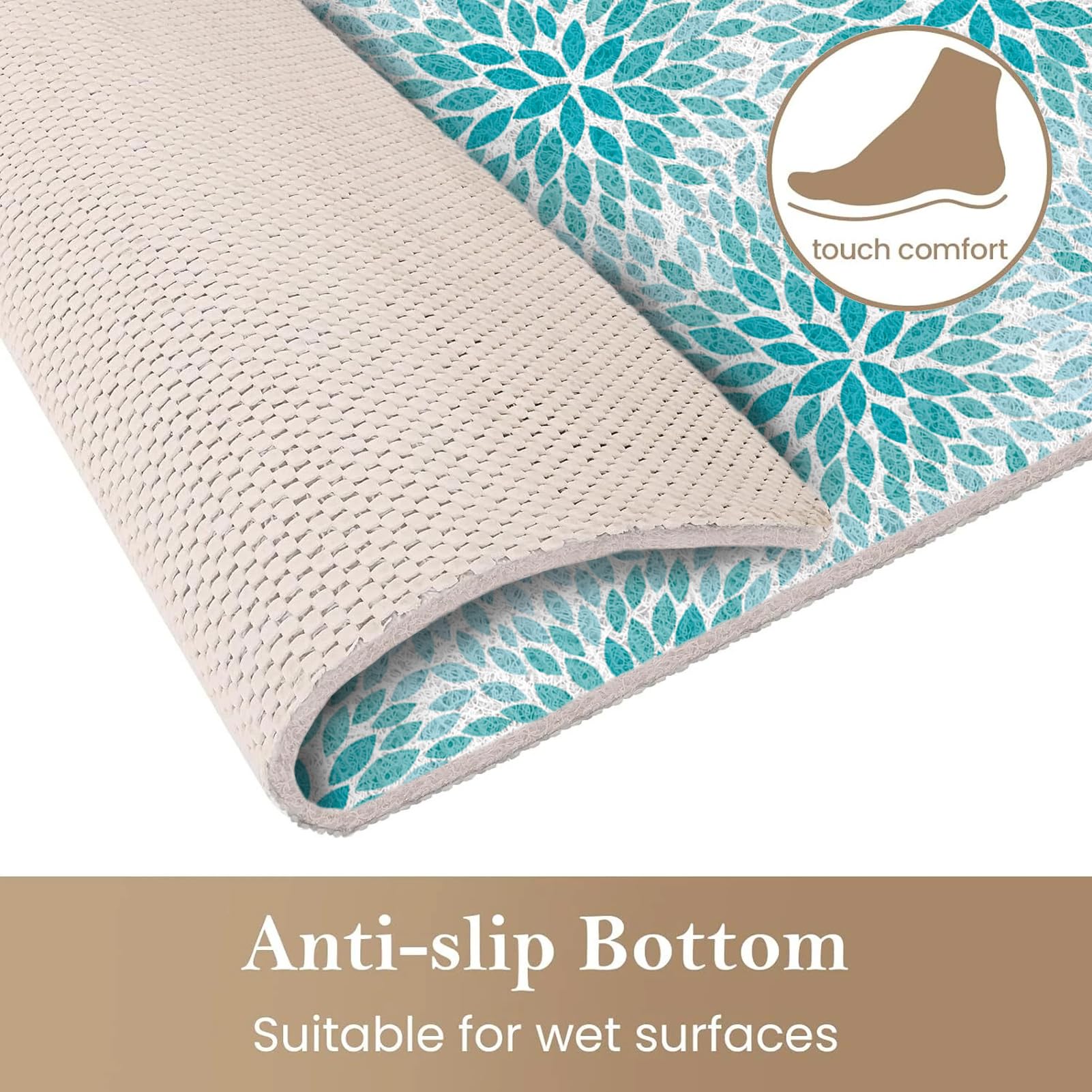 Tappetino da bagno antiscivolo, 100 x 140 cm, extra lungo, per interni, in morbido PVC, con scarico, ad asciugatura rapida, per aree umide, senza ventosa, colore: bianco turchese