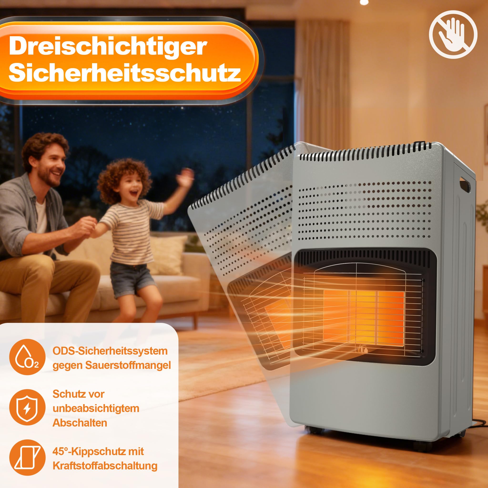UISEBRT Gasheizung für Innenräume,Gasofen 3 Heizstufen 1500W - 2750W - 4200W,Gasheizer inkl. Gasdruckregler Gasschlauch,Heizstrahler Gasheizgerät, Infrarot, Butan- Propangasflascheng,Grau