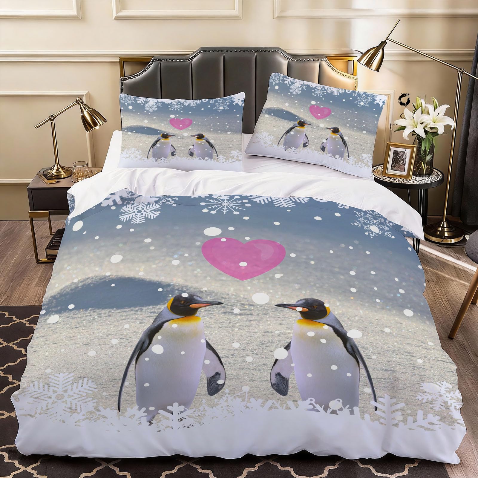 3D Cute Penguin Duvet Cover Love Pattern Romantic Bedding Double Bed Set, Soft Microfiber Comforter Cover Printed with Zipper Closure Quilt Coverr 200x200 cm and 2 Pillowcases
